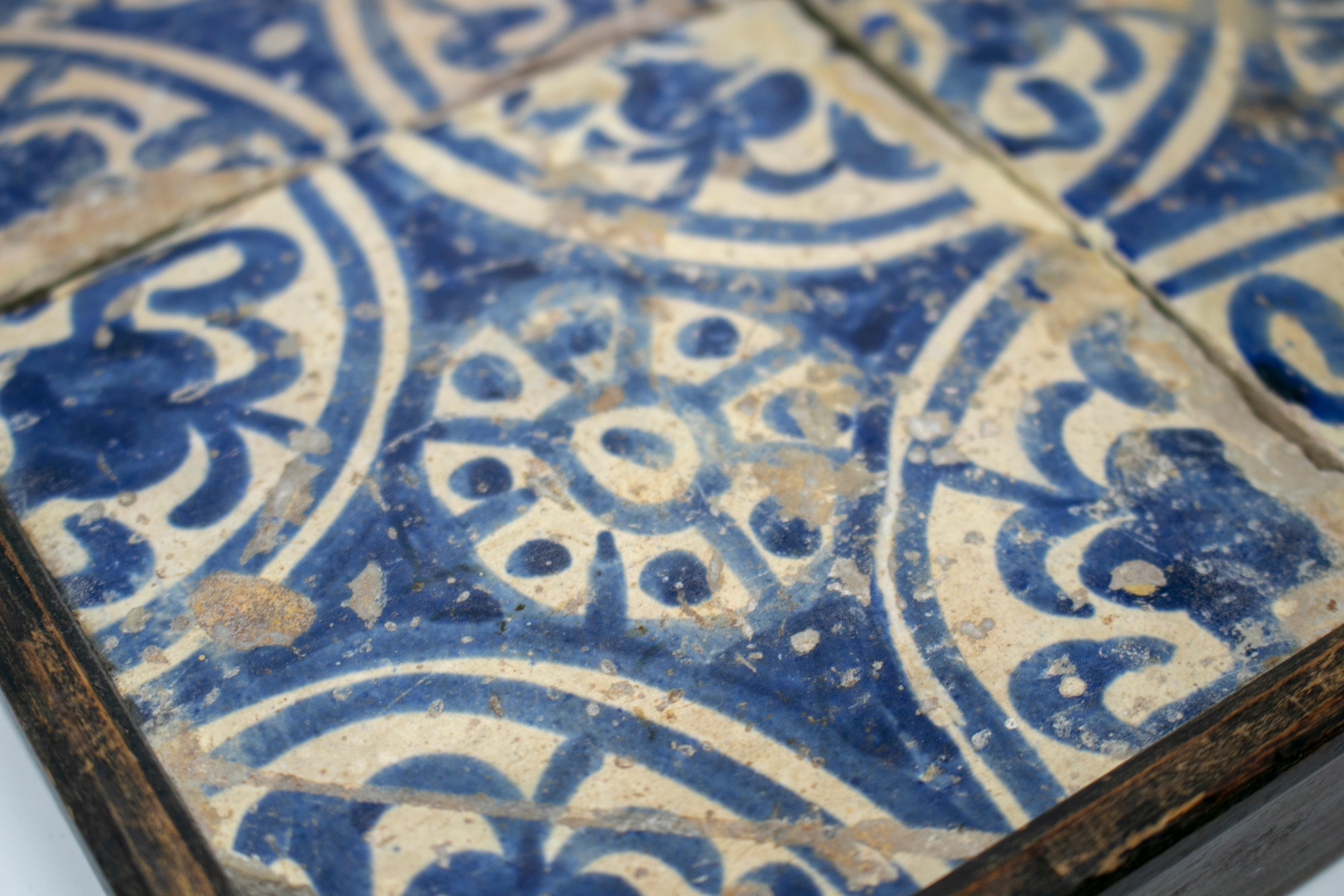 Ceramic 19th Century Panel with Four Spanish Glazed Manises Blue Cobalt Painted Tiles