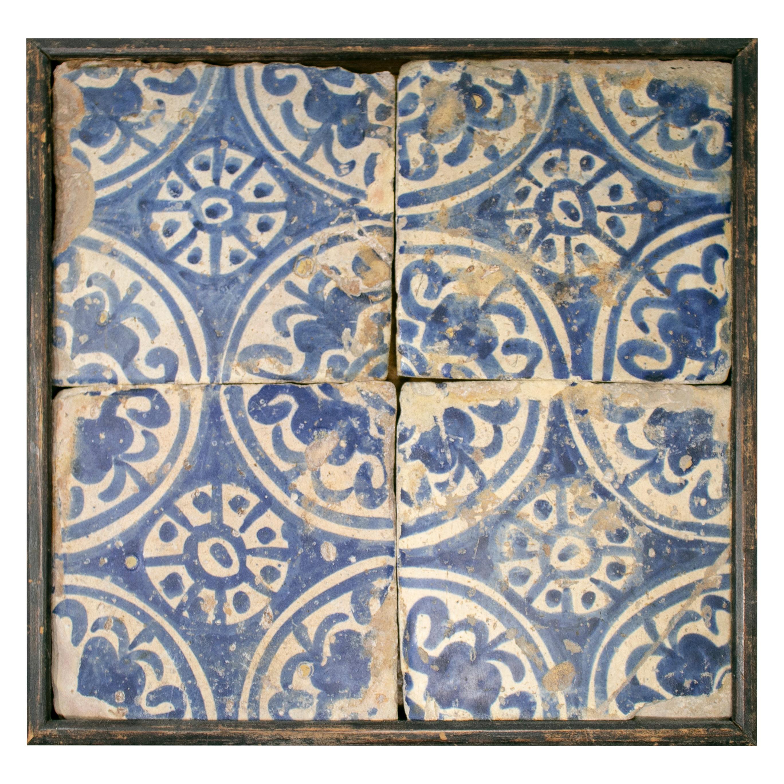 19th Century Panel with Four Spanish Glazed Manises Blue Cobalt Painted Tiles
