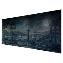 Pintura al óleo pastoral panorámica francesa del siglo XIX