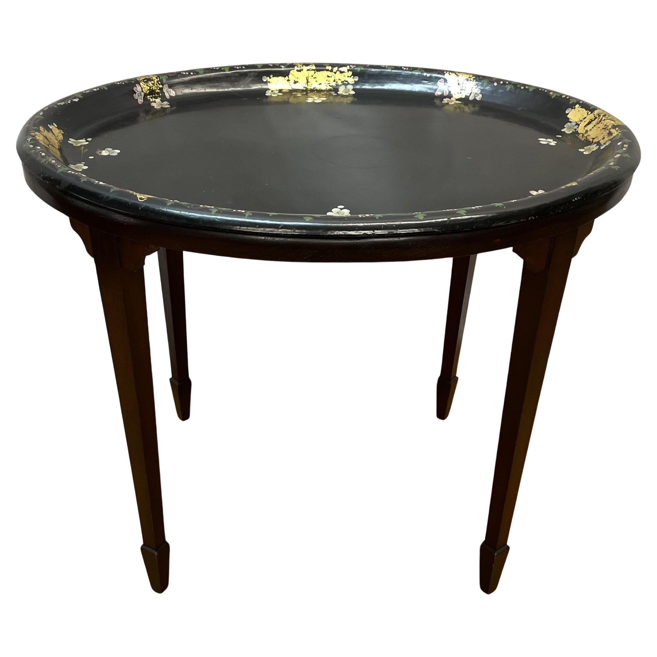 19th century paper cache painted oval tray on later stand