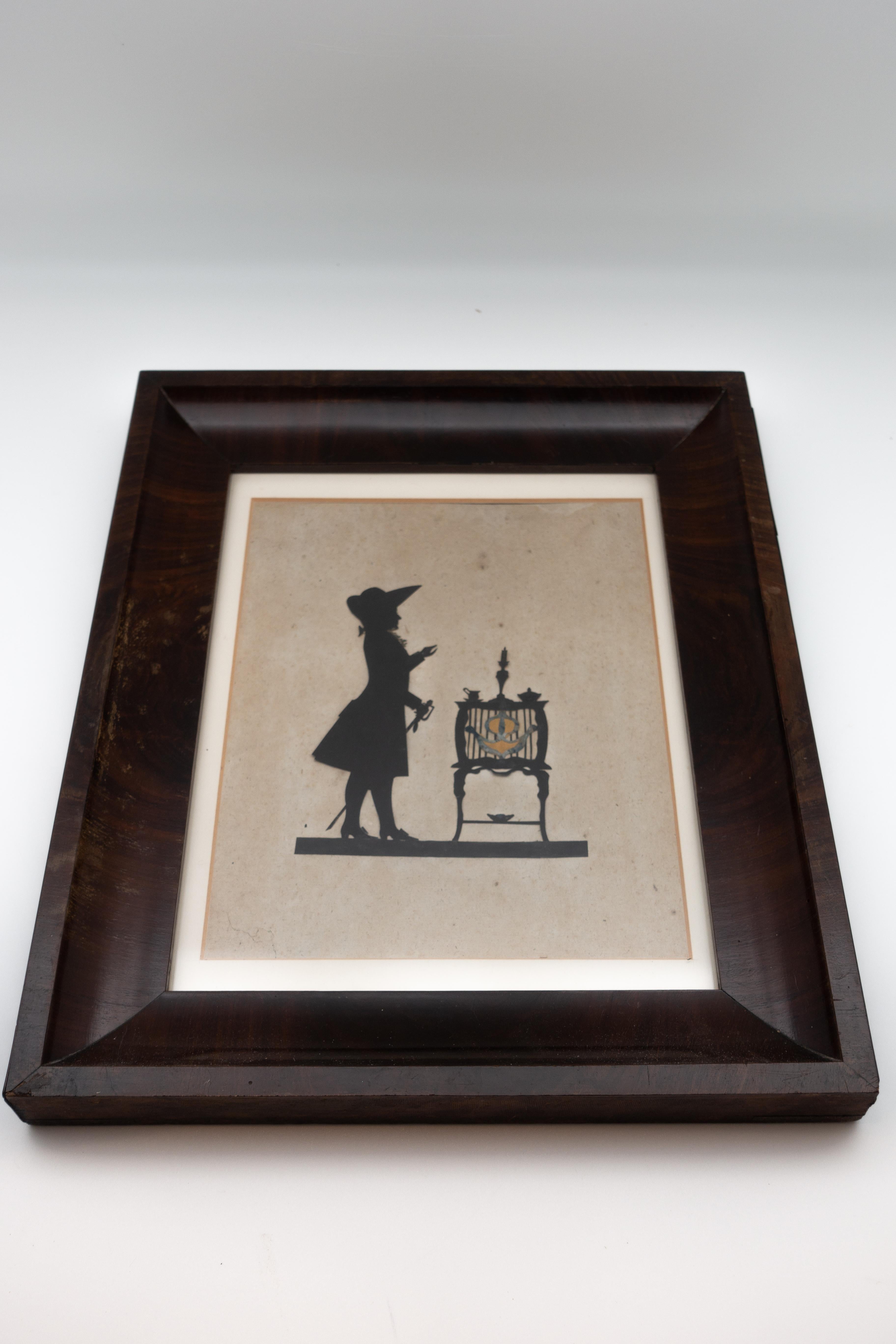 Wood 19th Century Paper Cut Silhouette of Gentleman in Front of a Table