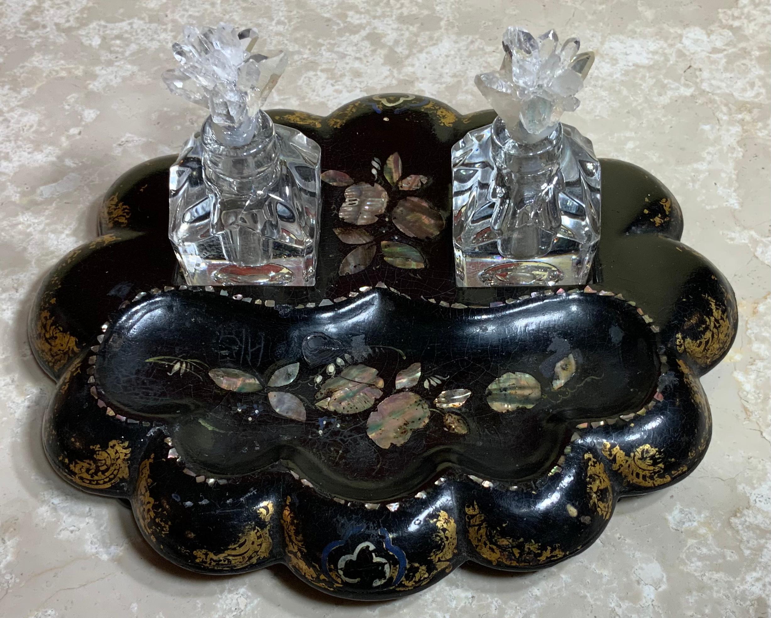 19th Century Paper Mache and Crystal Inkwell 8