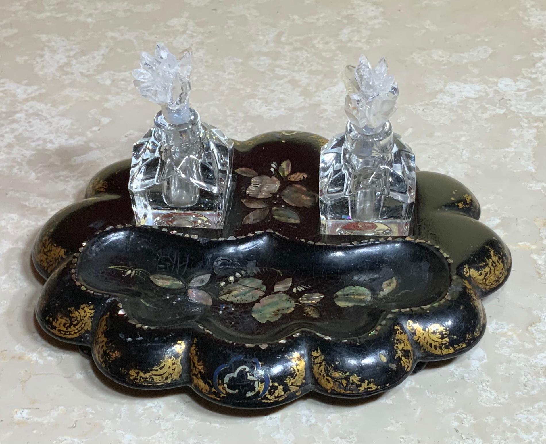 19th century papier mâché and mother-of-pearl with carved inkwells ,artistically hand made tops made of genuine crystal quartz.