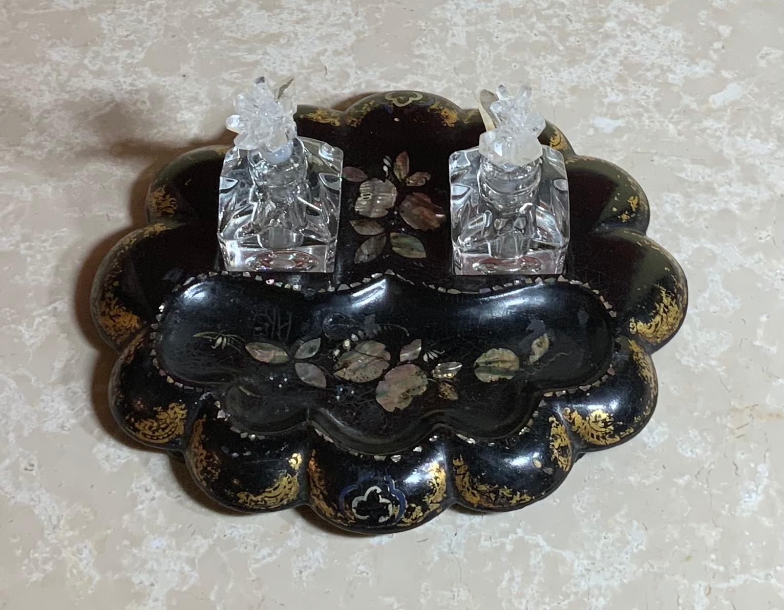 Unknown 19th Century Paper Mache and Crystal Inkwell