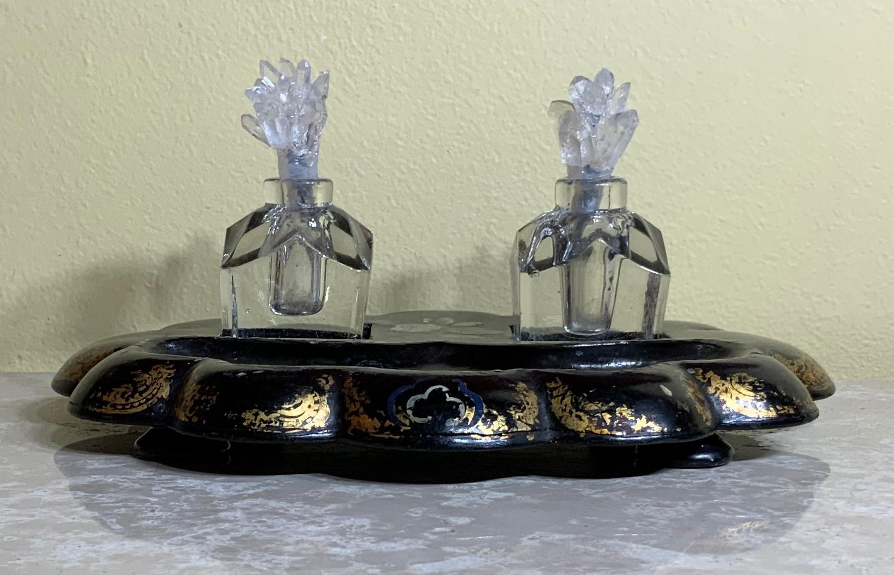 19th Century Paper Mache and Crystal Inkwell In Good Condition In Delray Beach, FL