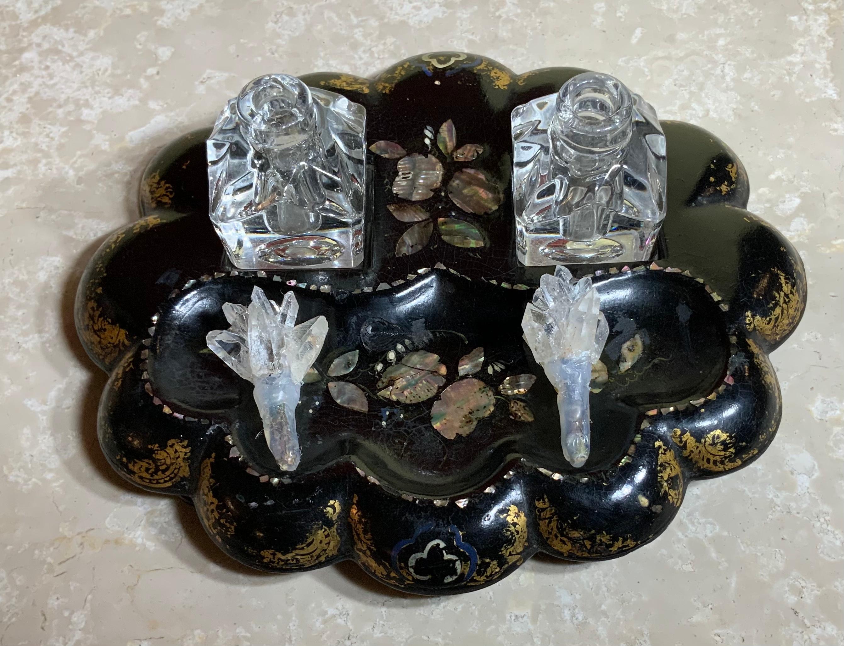 Mother-of-Pearl 19th Century Paper Mache and Crystal Inkwell