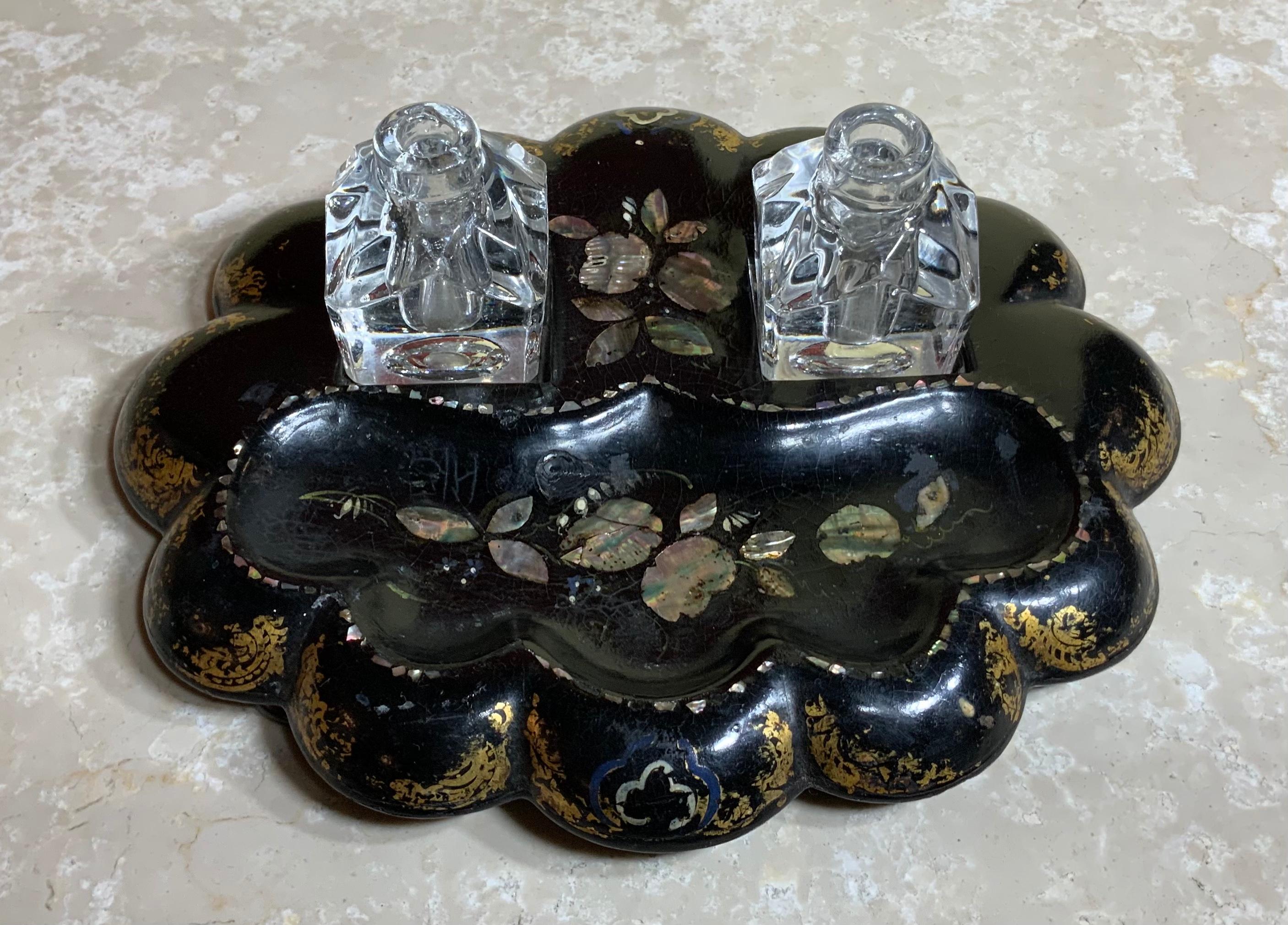 19th Century Paper Mache and Crystal Inkwell 1