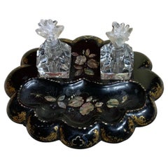 19th Century Paper Mache and Crystal Inkwell