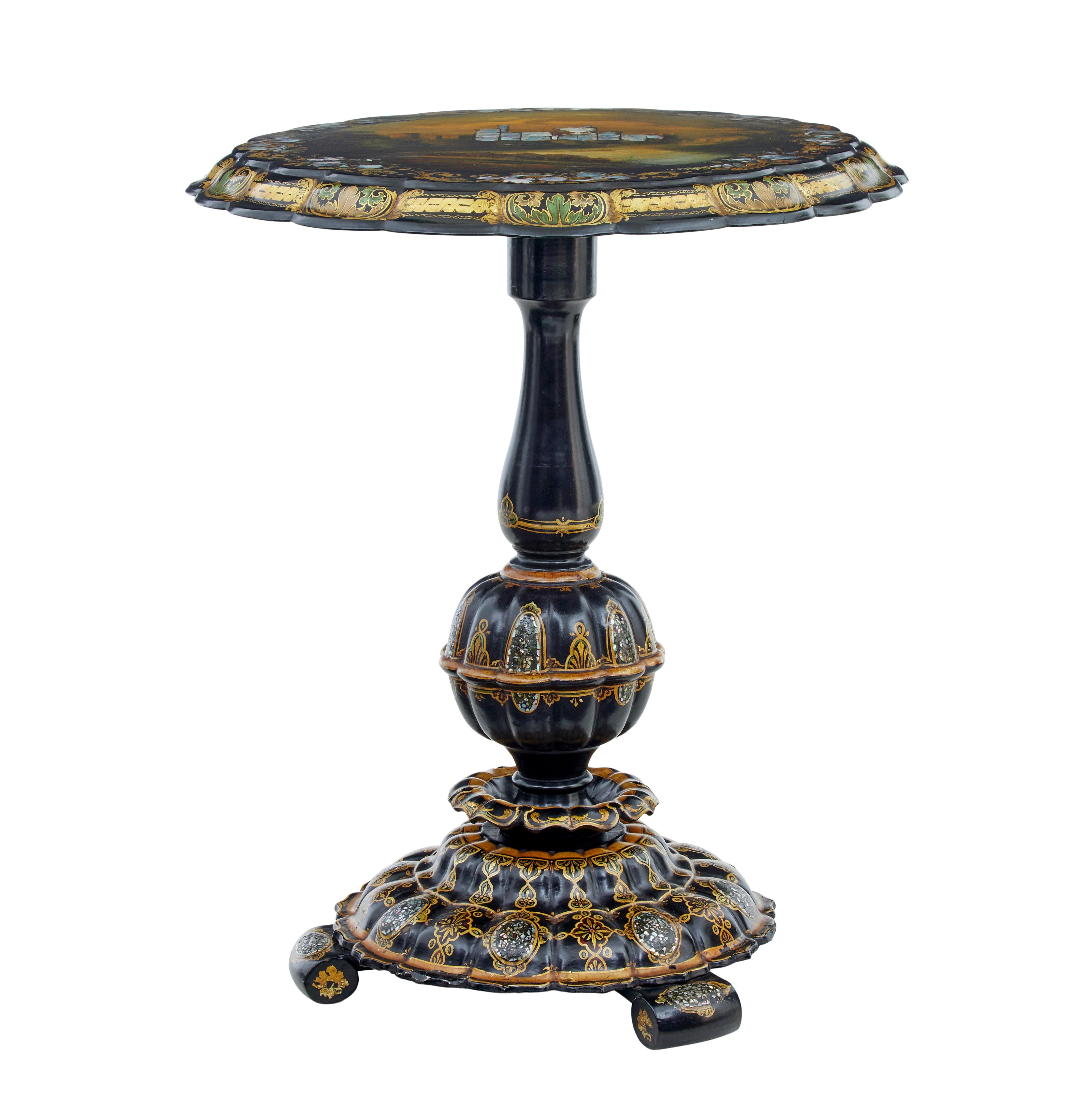 19th century Papier mache and painted mother of pearl inlaid tilt-top table For Sale 2