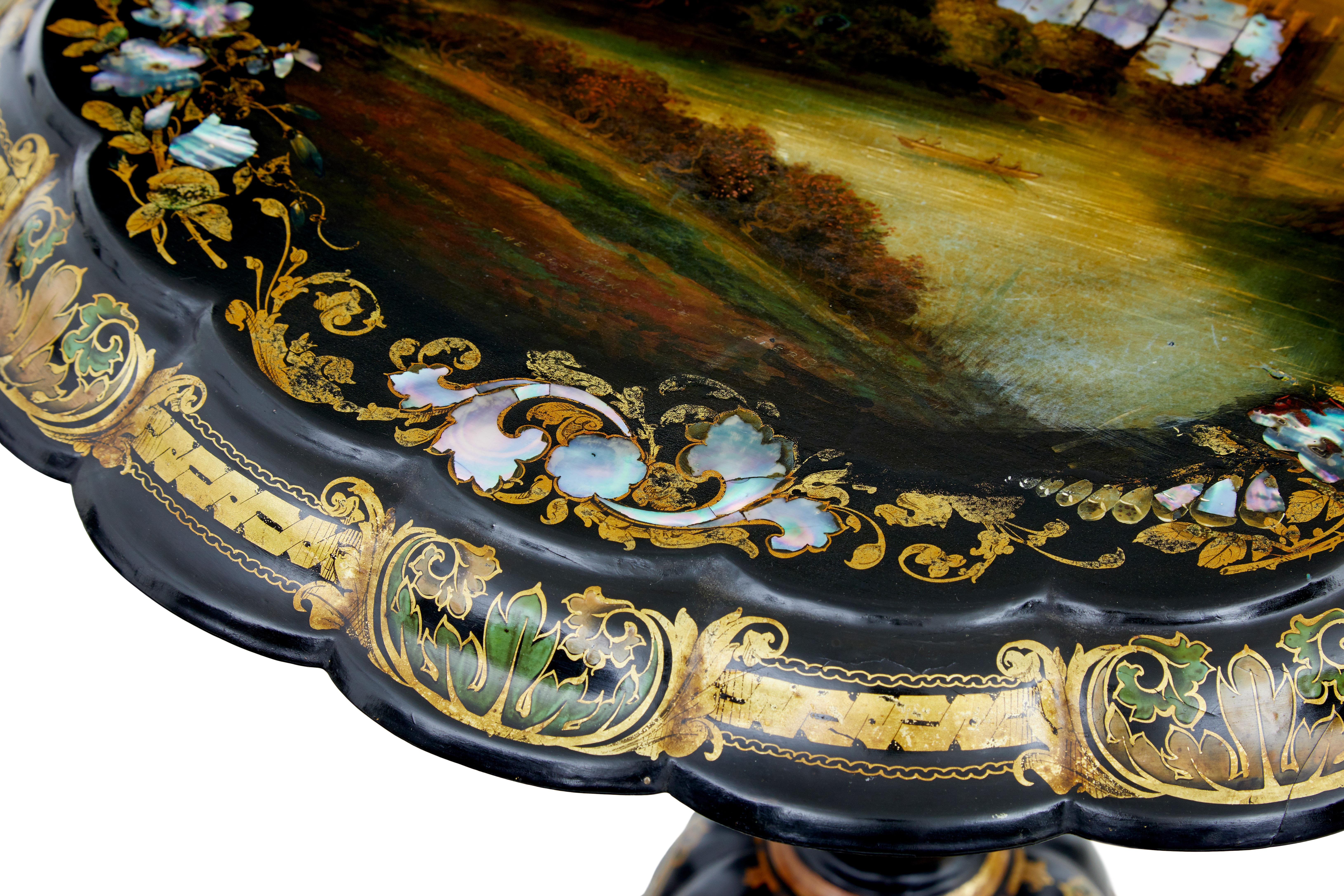 English 19th century Papier mache and painted mother of pearl inlaid tilt-top table For Sale