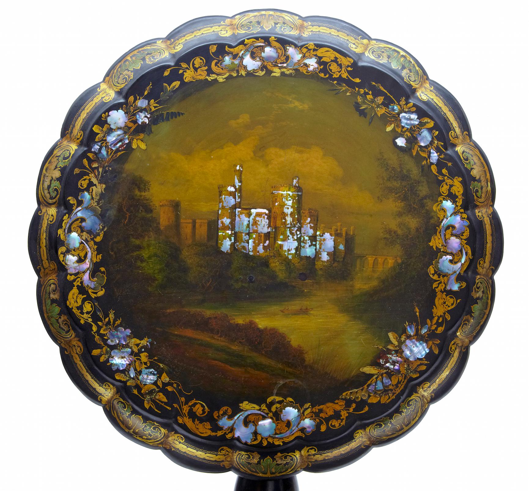 Hand-Painted 19th Century Papier Mâché and Painted Mother of Pearl Inlaid Tilt-Top Table