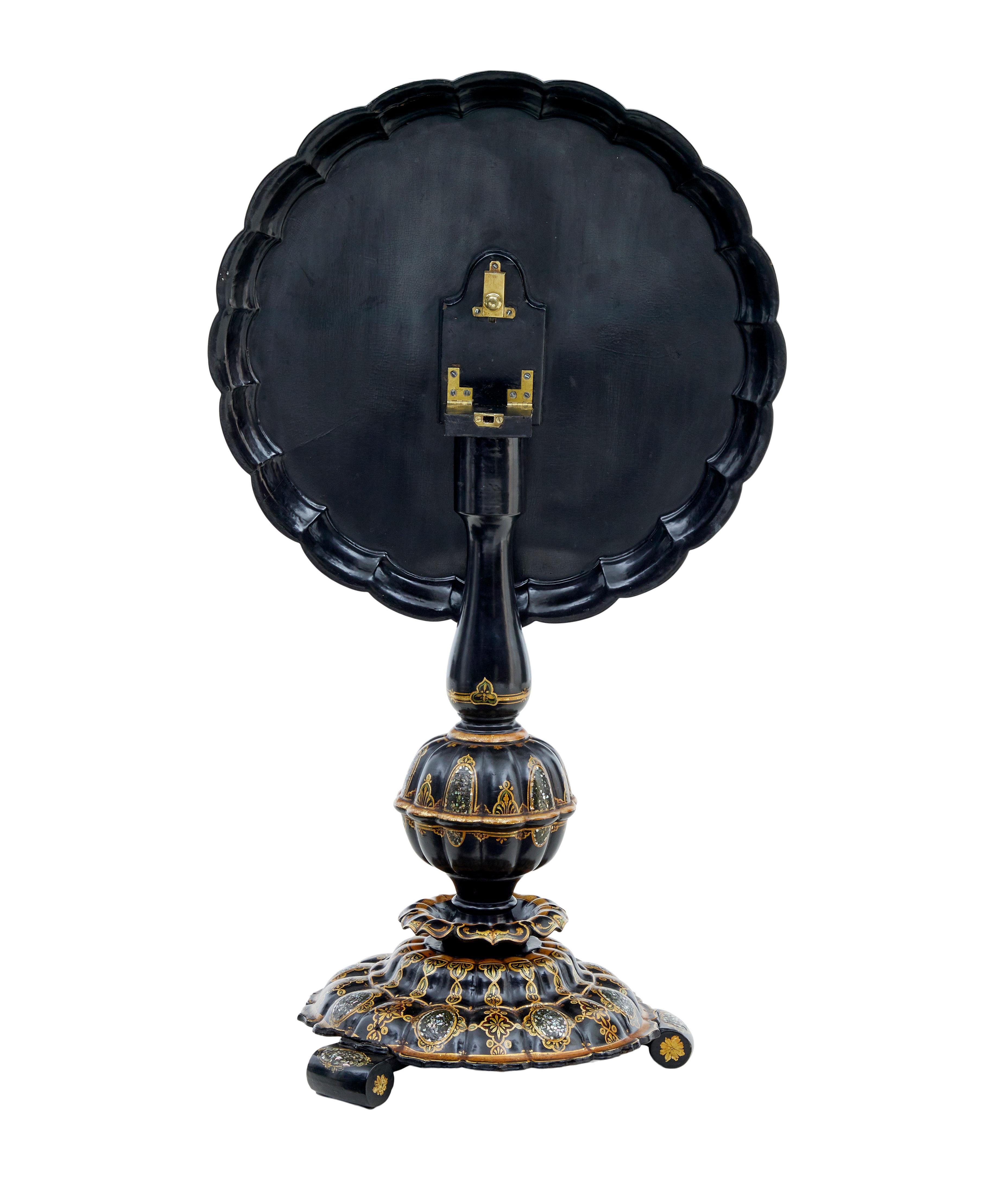 19th century Papier mache and painted mother of pearl inlaid tilt-top table For Sale 1