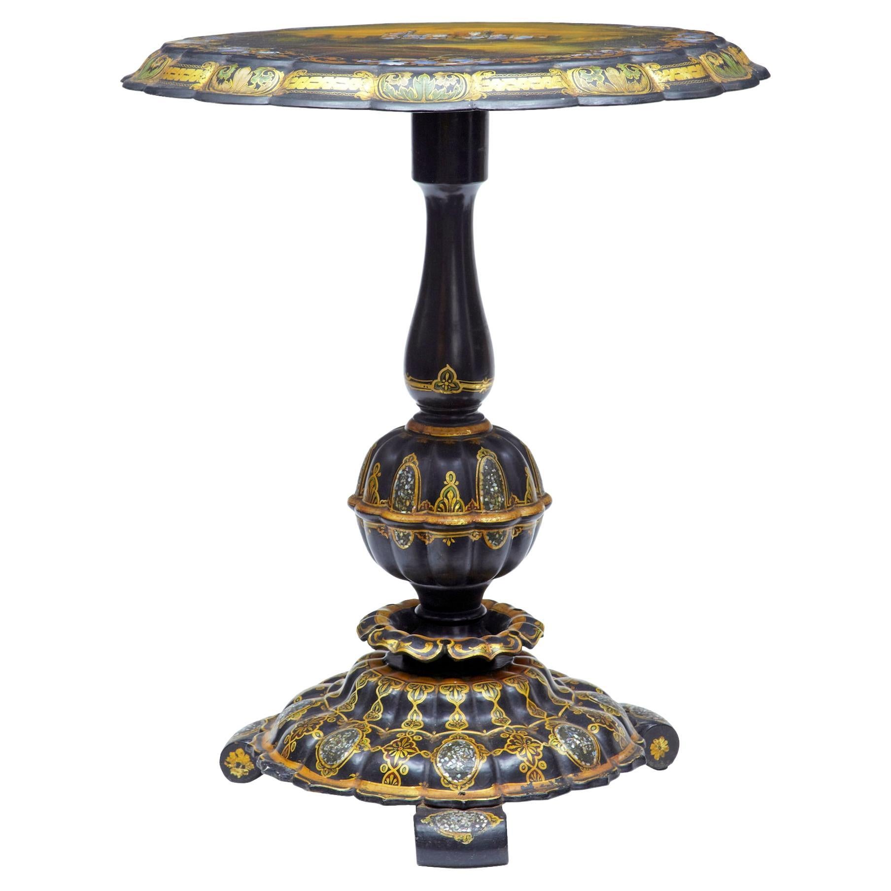 19th Century Papier Mache and Painted Mother of Pearl Inlaid Tilt-Top Table