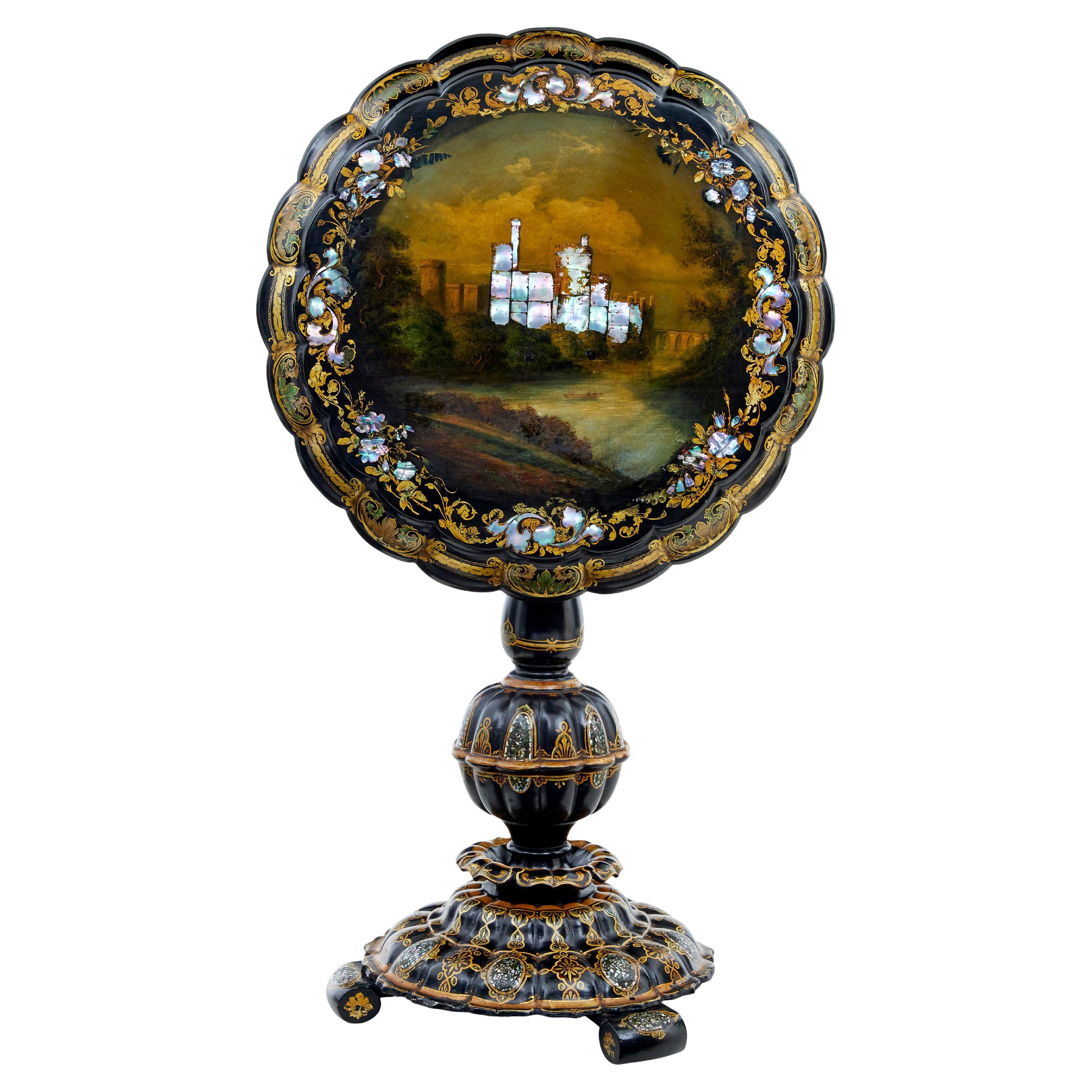 19th century Papier mache and painted mother of pearl inlaid tilt-top table For Sale