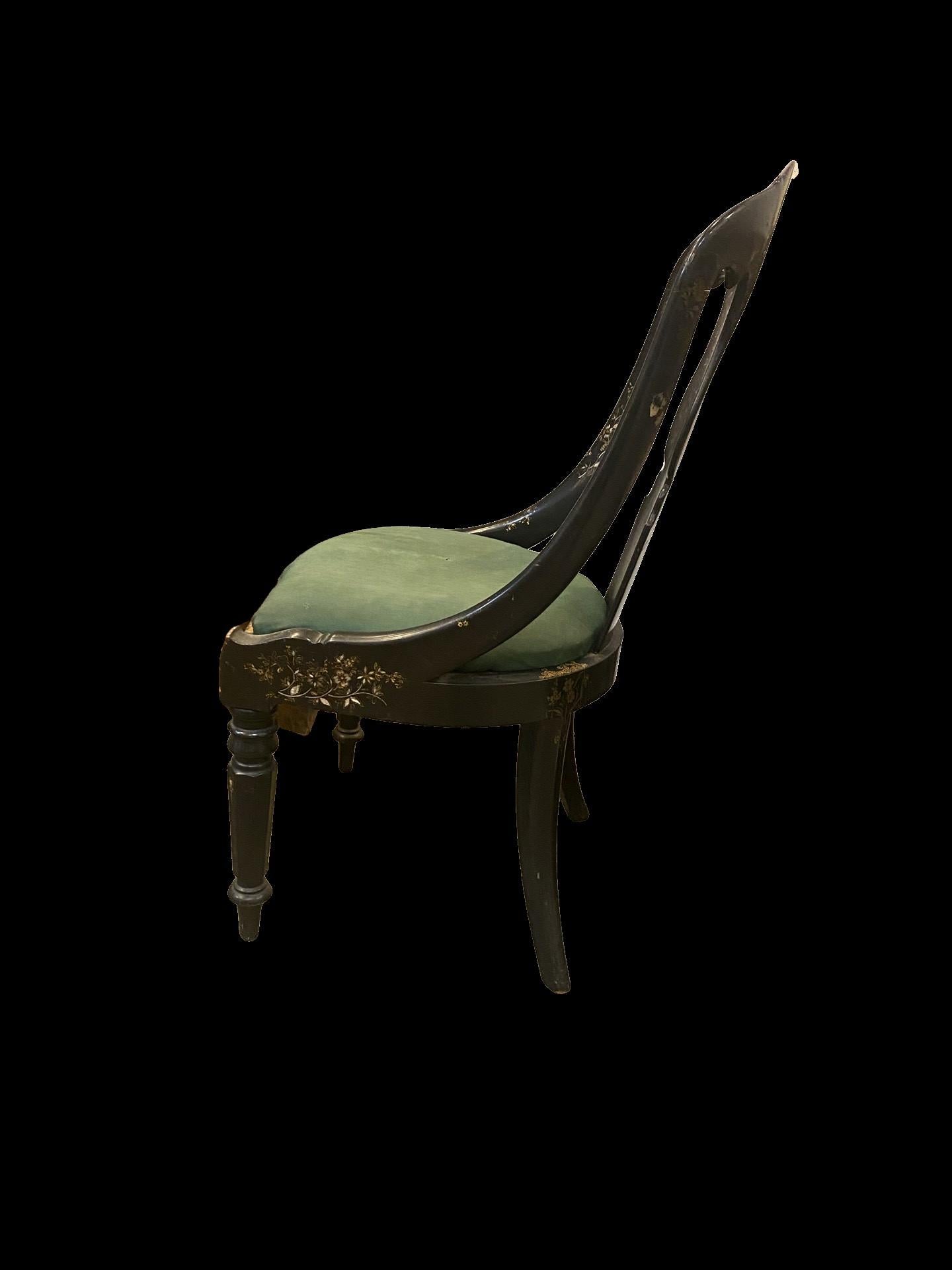 Mother-of-Pearl 19th Century Papier-mâché Chair with Gold Leaf Detail and Mother of Pearl Inlay For Sale