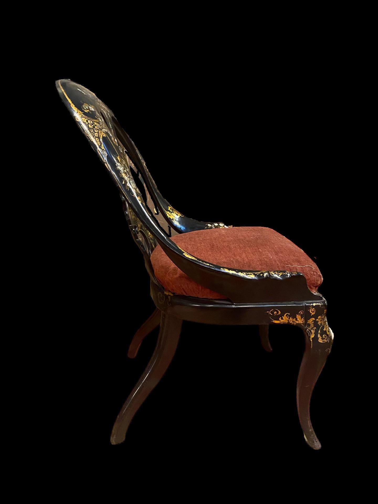 English 19th Century Papier-mâché Chair with Gold Leaf Detail and Mother of Pearl Inlay For Sale