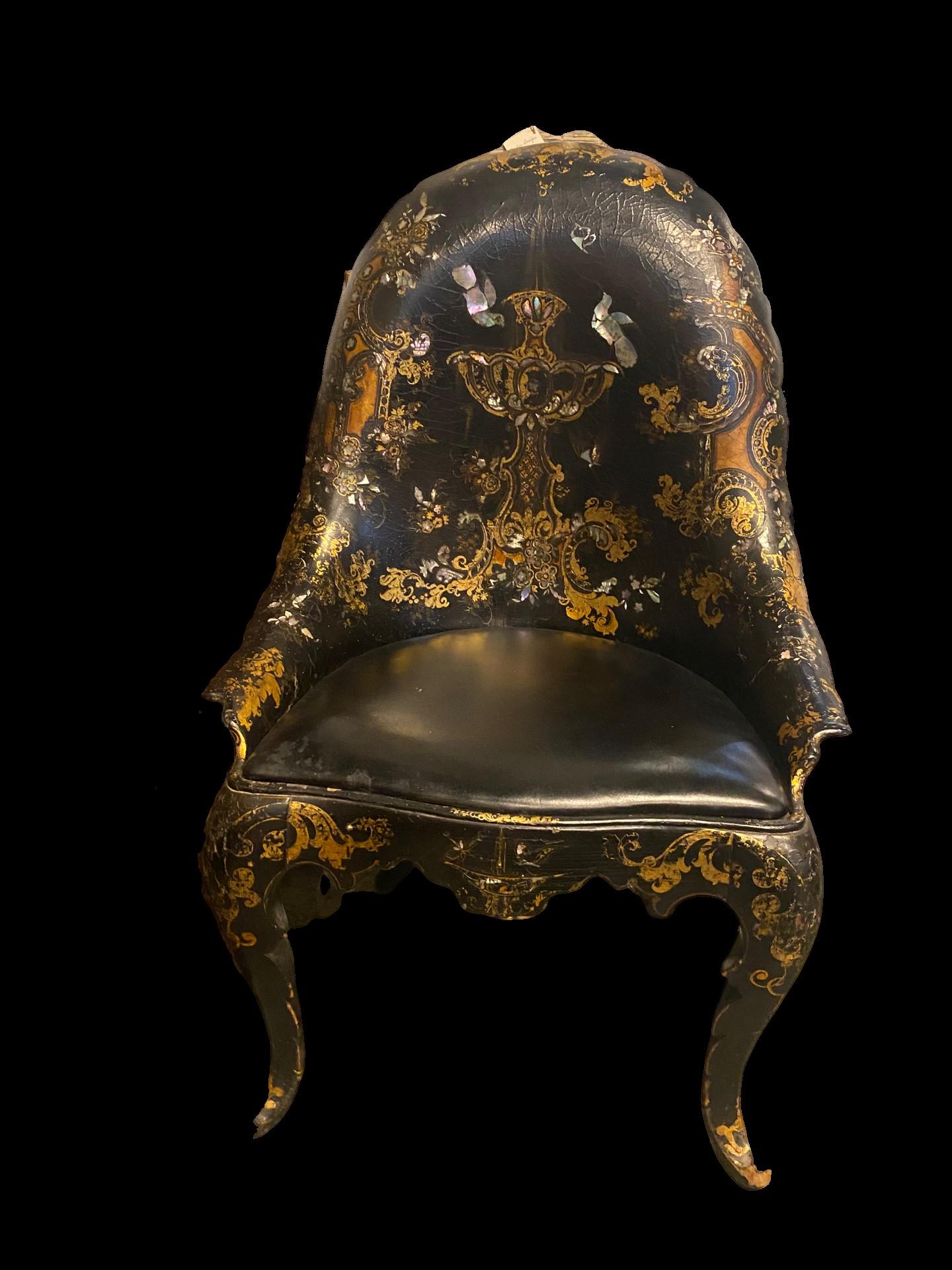 English 19th Century Papier-mâché Chair with Gold Leaf Detail and Mother of Pearl Inlay For Sale
