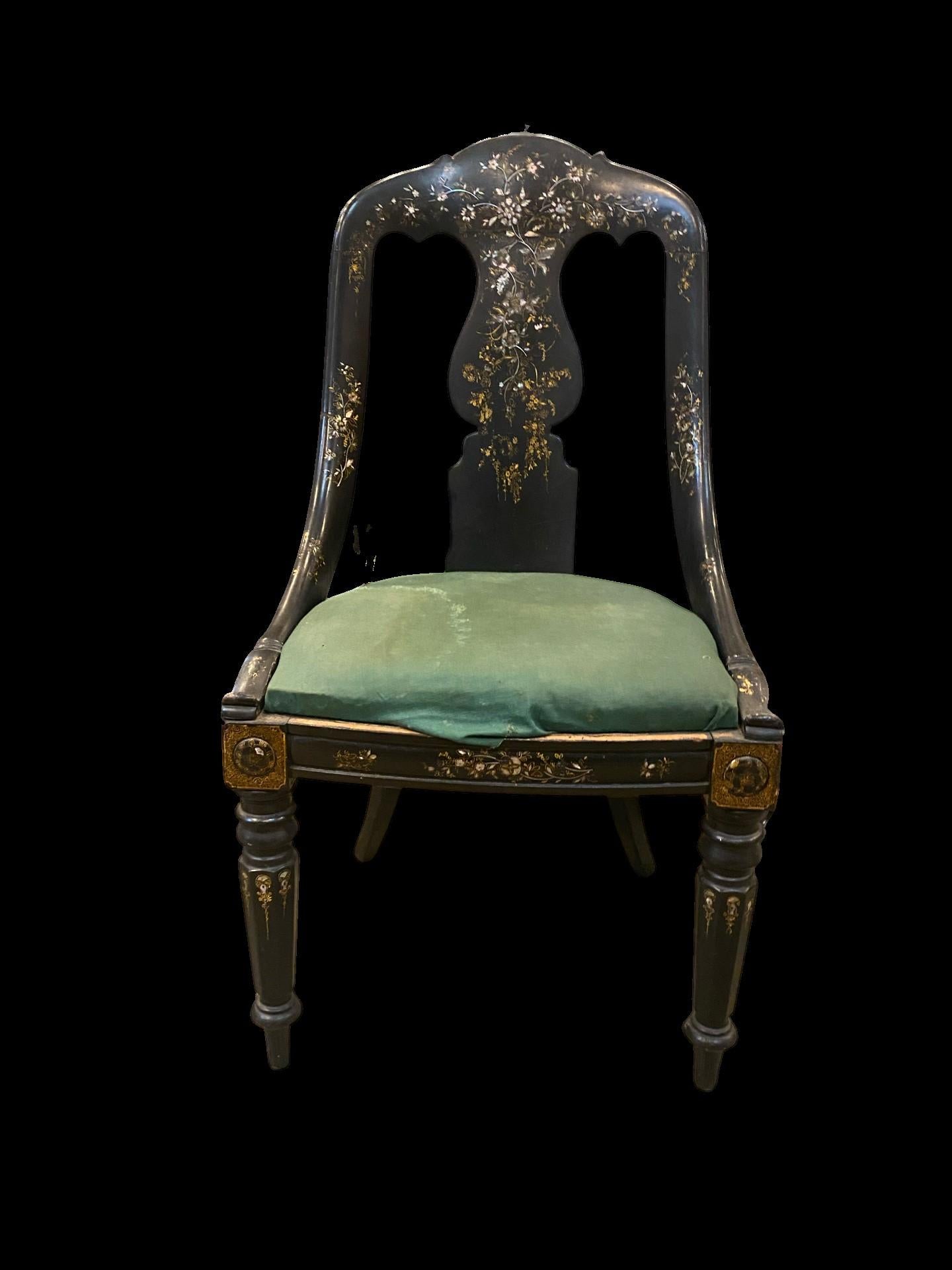 19th Century Papier-mâché Chair with Gold Leaf Detail and Mother of Pearl Inlay For Sale 1