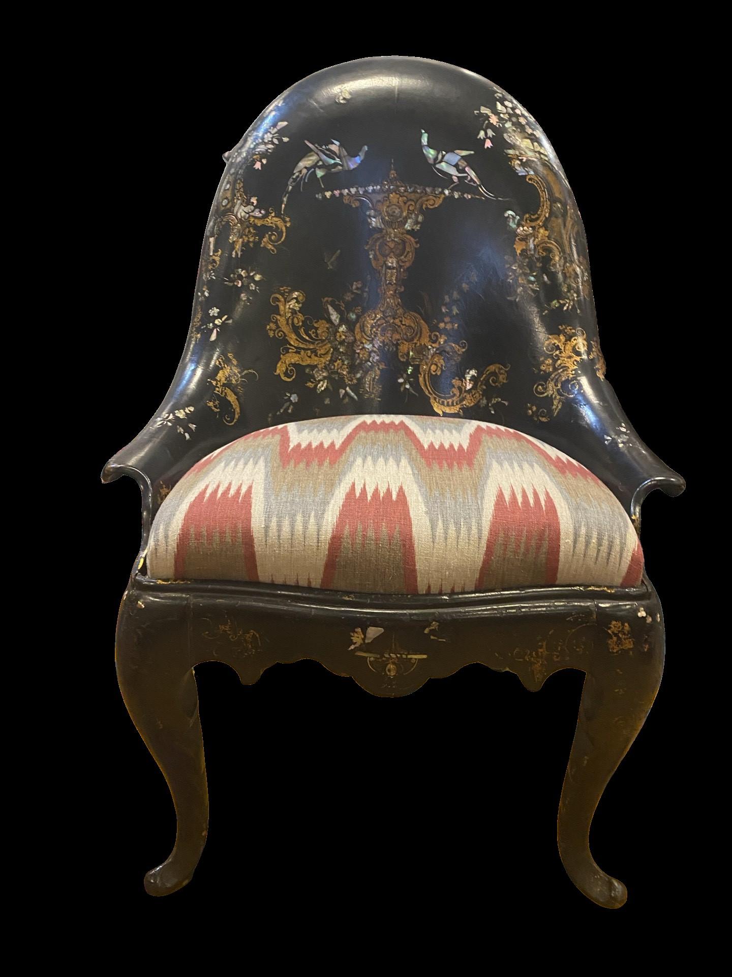 English 19th Century Papier-mâché Chair with Gold Leaf Detail and Mother of Pearl Inlay For Sale