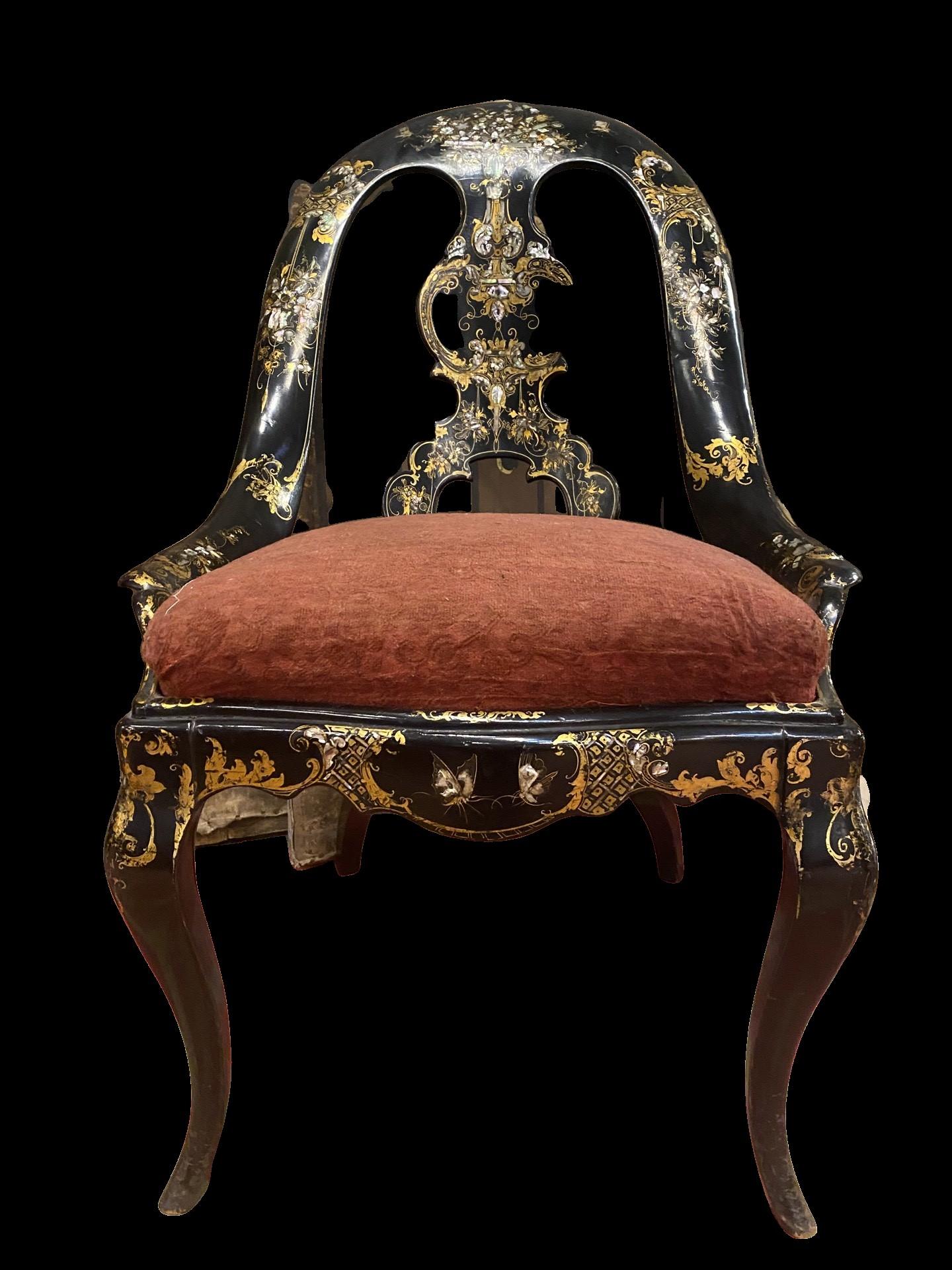 19th Century Papier-mâché Chair with Gold Leaf Detail and Mother of Pearl Inlay In Good Condition For Sale In Dallas, TX