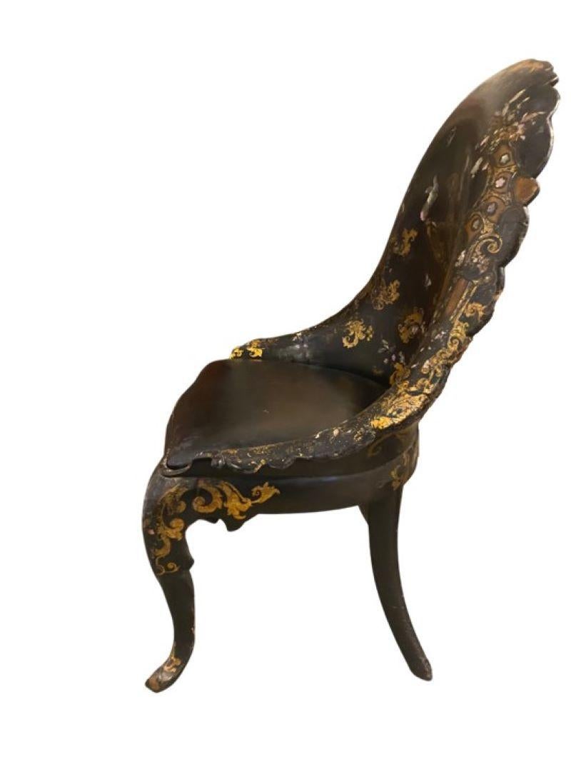 19th Century Papier-mâché Chair with Gold Leaf Detail and Mother of Pearl Inlay In Good Condition For Sale In Dallas, TX