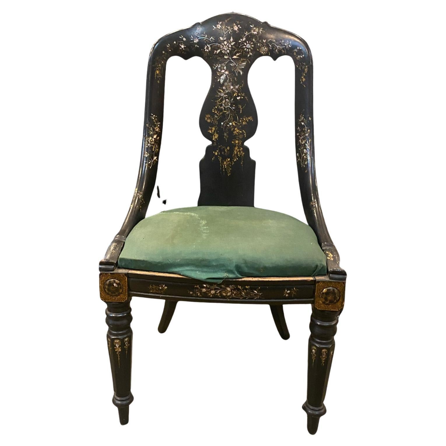 19th Century Papier-mâché Chair with Gold Leaf Detail and Mother of Pearl Inlay For Sale