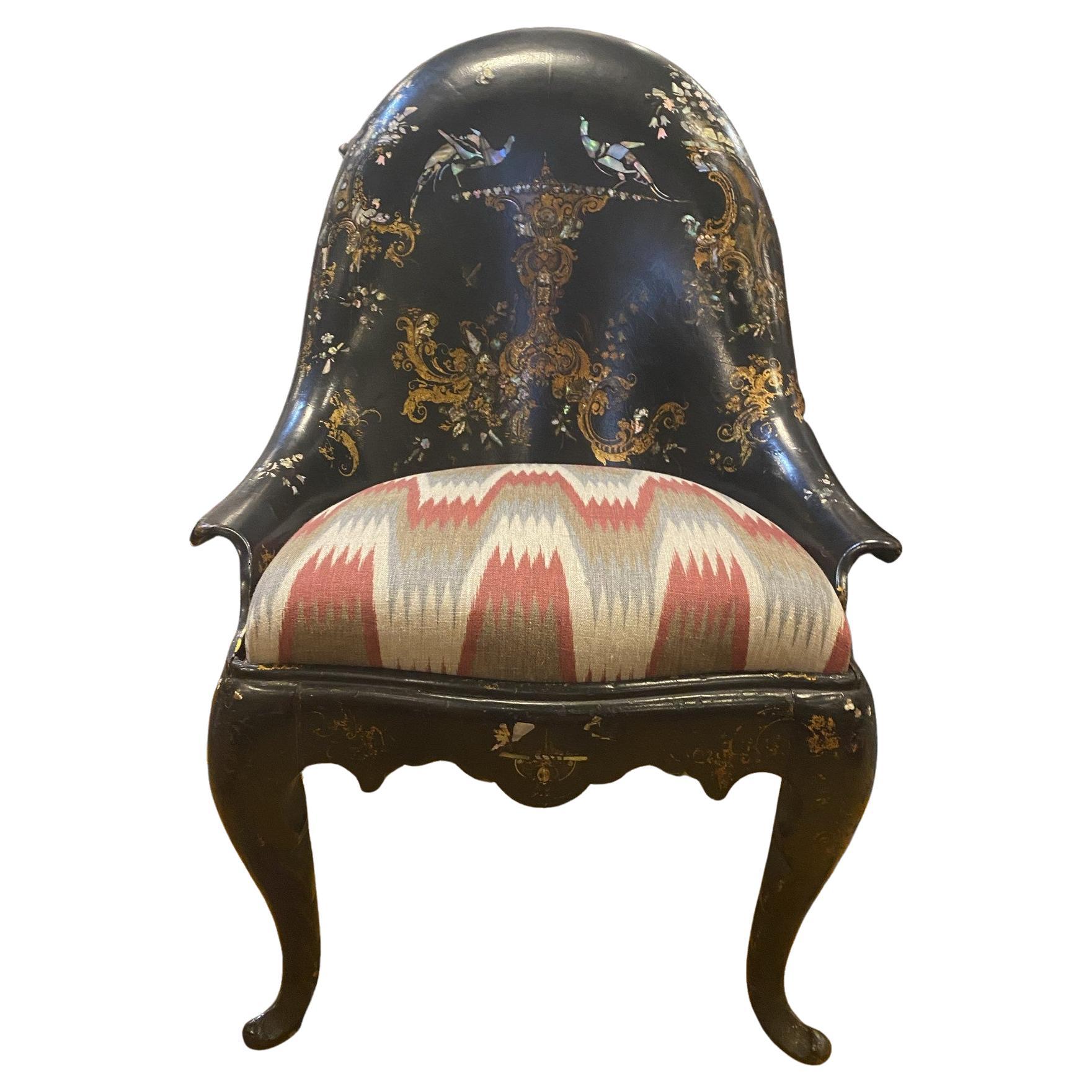 19th Century Papier-mâché Chair with Gold Leaf Detail and Mother of Pearl Inlay