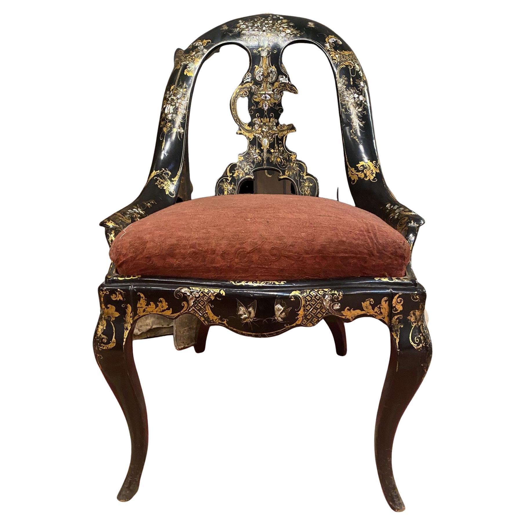 19th Century Papier-mâché Chair with Gold Leaf Detail and Mother of Pearl Inlay For Sale