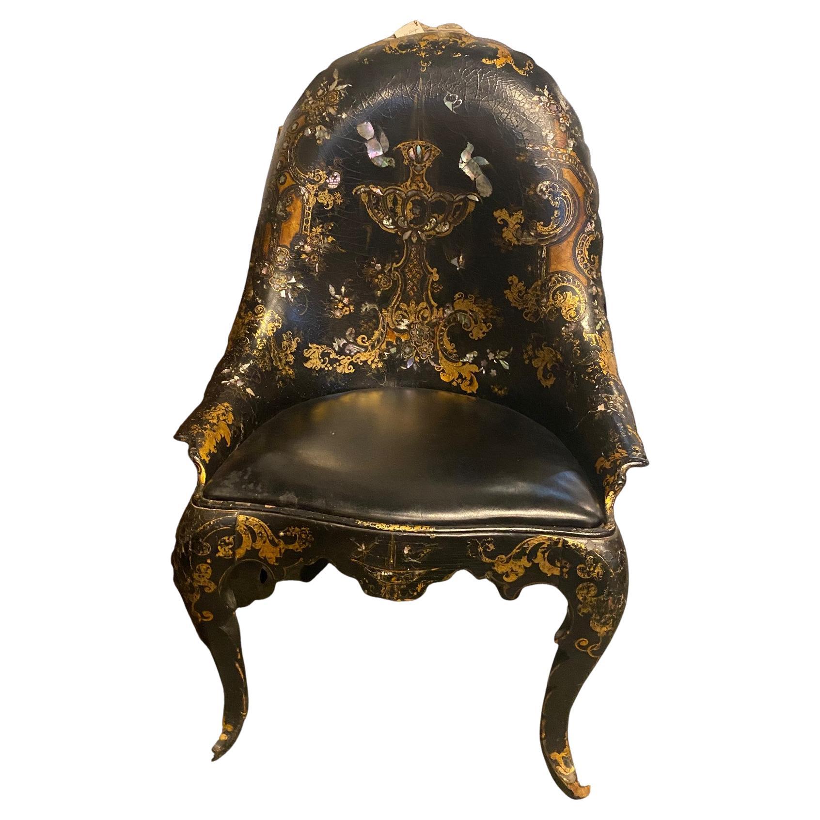 19th Century Papier-mâché Chair with Gold Leaf Detail and Mother of Pearl Inlay For Sale