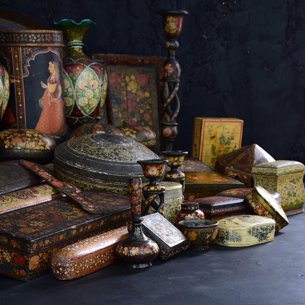19th Century Papier Mache Kashmiri Collection 
We share what we love, and we love this vast collection of late 19th to early 20th century papier Mache Kashmiri assorted objects. One of the largest collections uncovered from a private estate in the