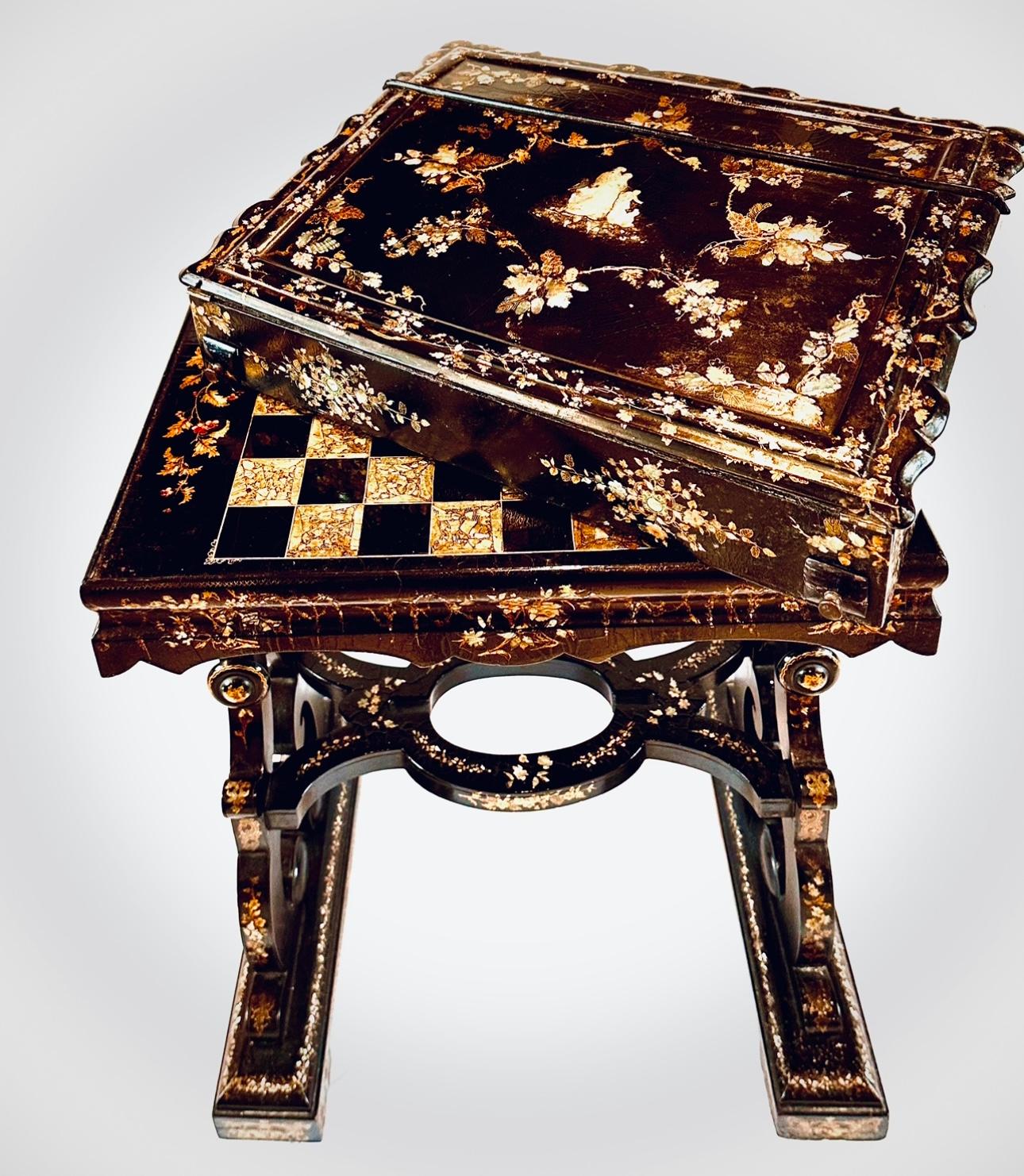 Ebonized 19th Century Papier-mâché Mache Writing Desk and Games Table For Sale