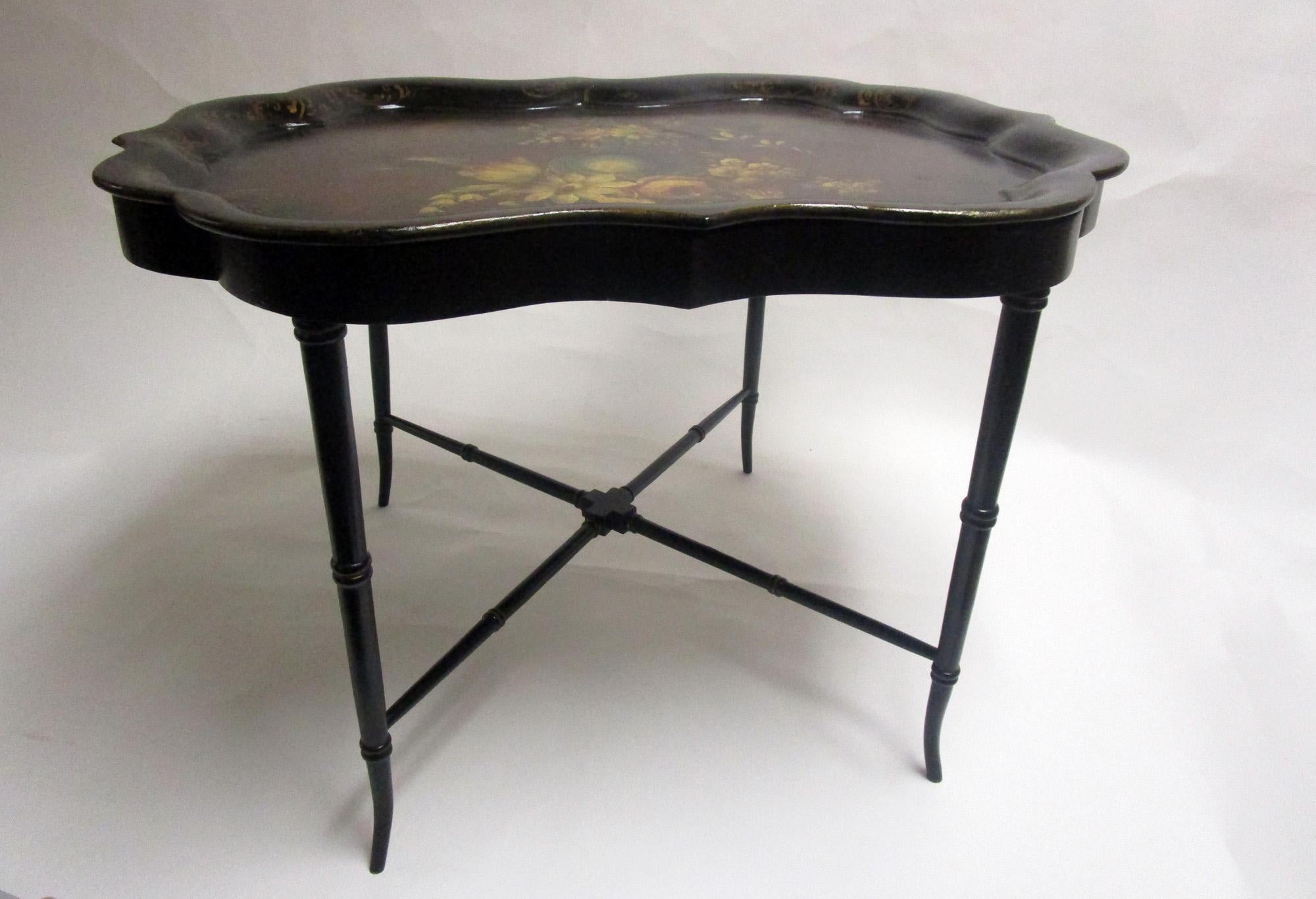 Mid-19th Century 19th Century Papier Mâché Scalloped Tray Table on Faux Bamboo Base For Sale