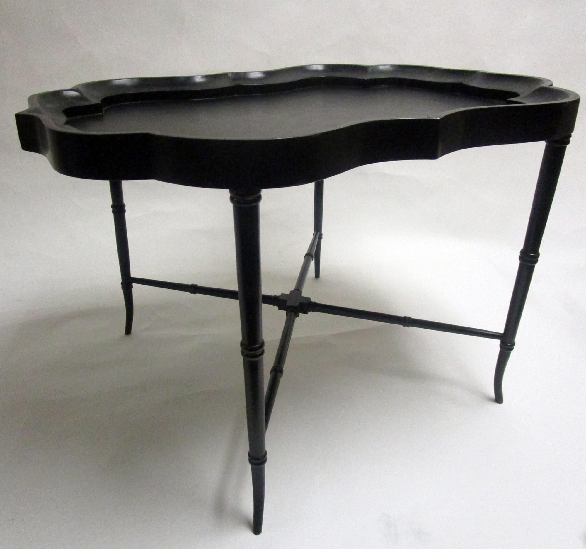 19th Century Papier Mâché Scalloped Tray Table on Faux Bamboo Base For Sale 2