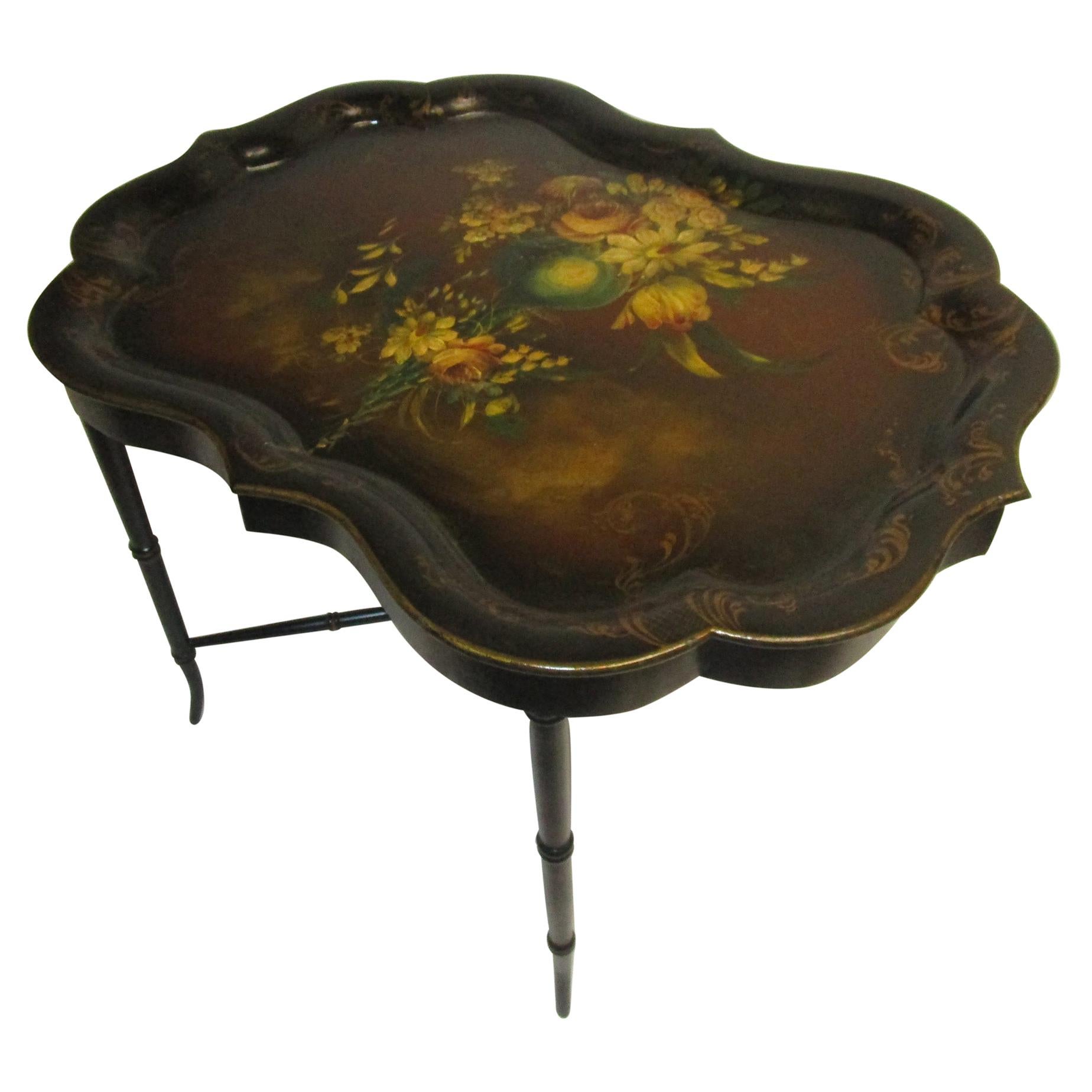 19th Century Papier Mâché Scalloped Tray Table on Faux Bamboo Base
