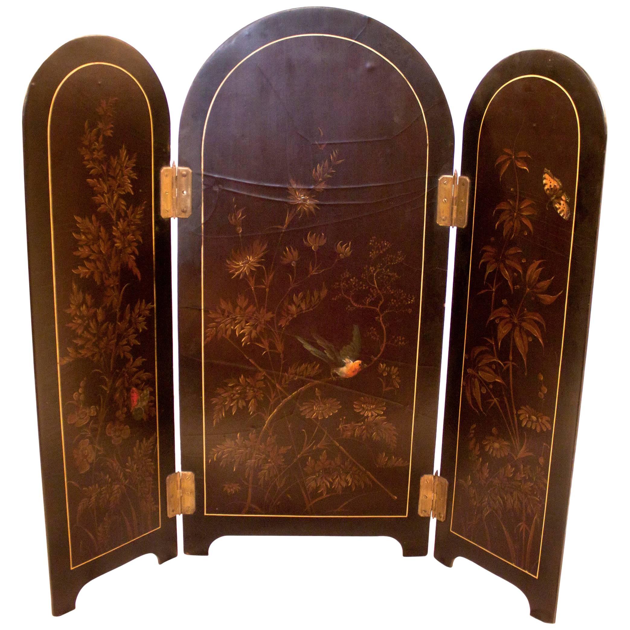 19th century Papier Mache Table Top Hinged Screen Butterfly and Bird Motif For Sale