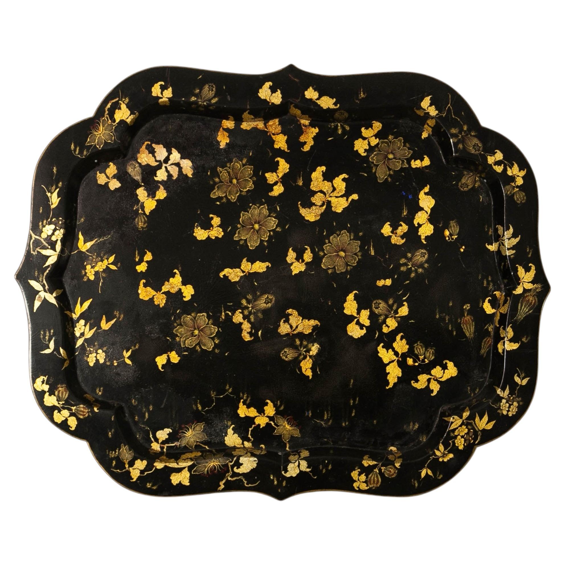 Victorian Papier Mâché Tea Tray on Ebonized Bamboo Stand, France, 1860