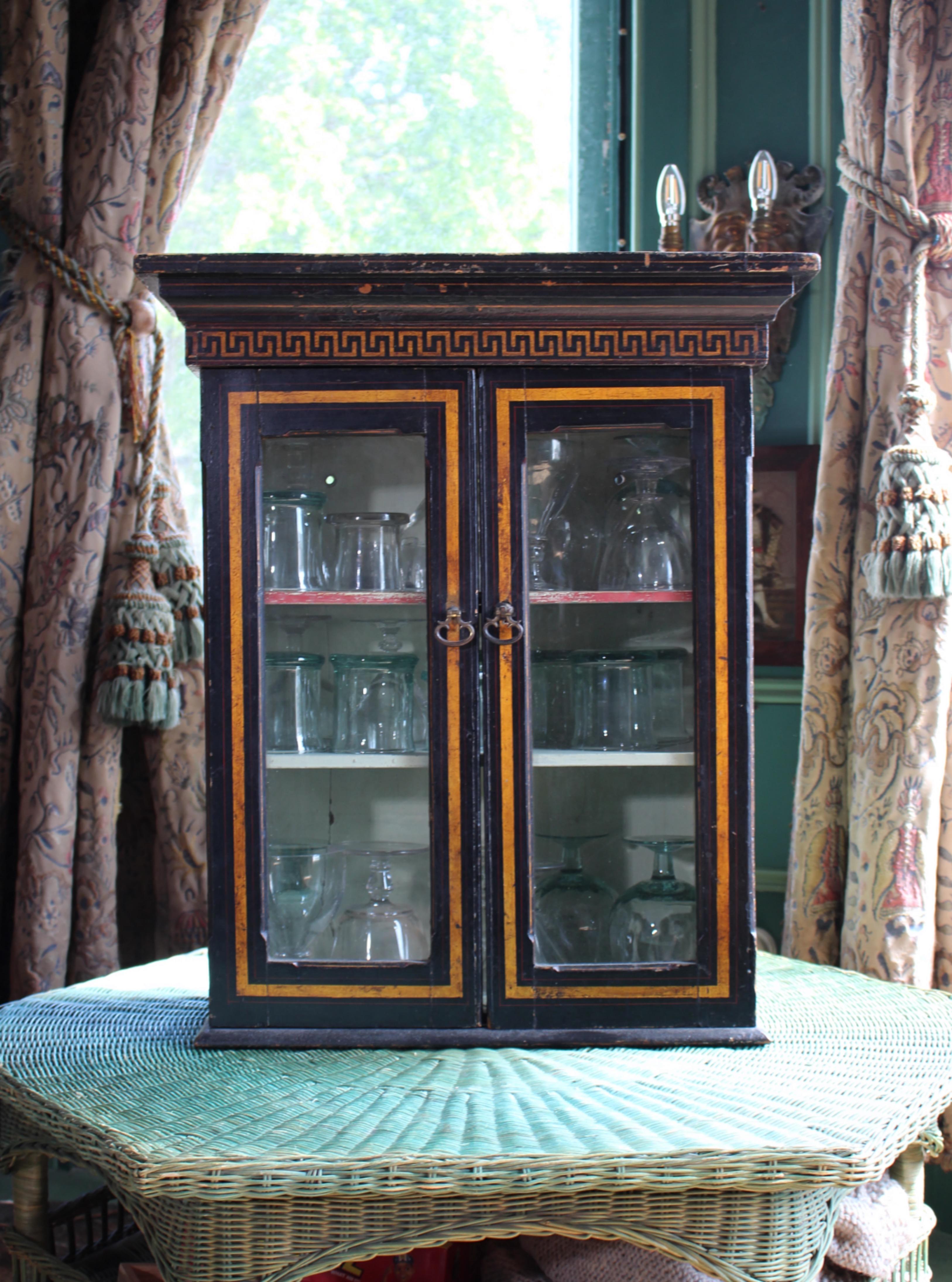 English 19th Century Parcel Gilt & Ebonised Display Specimen Curio Cabinet Greek Key