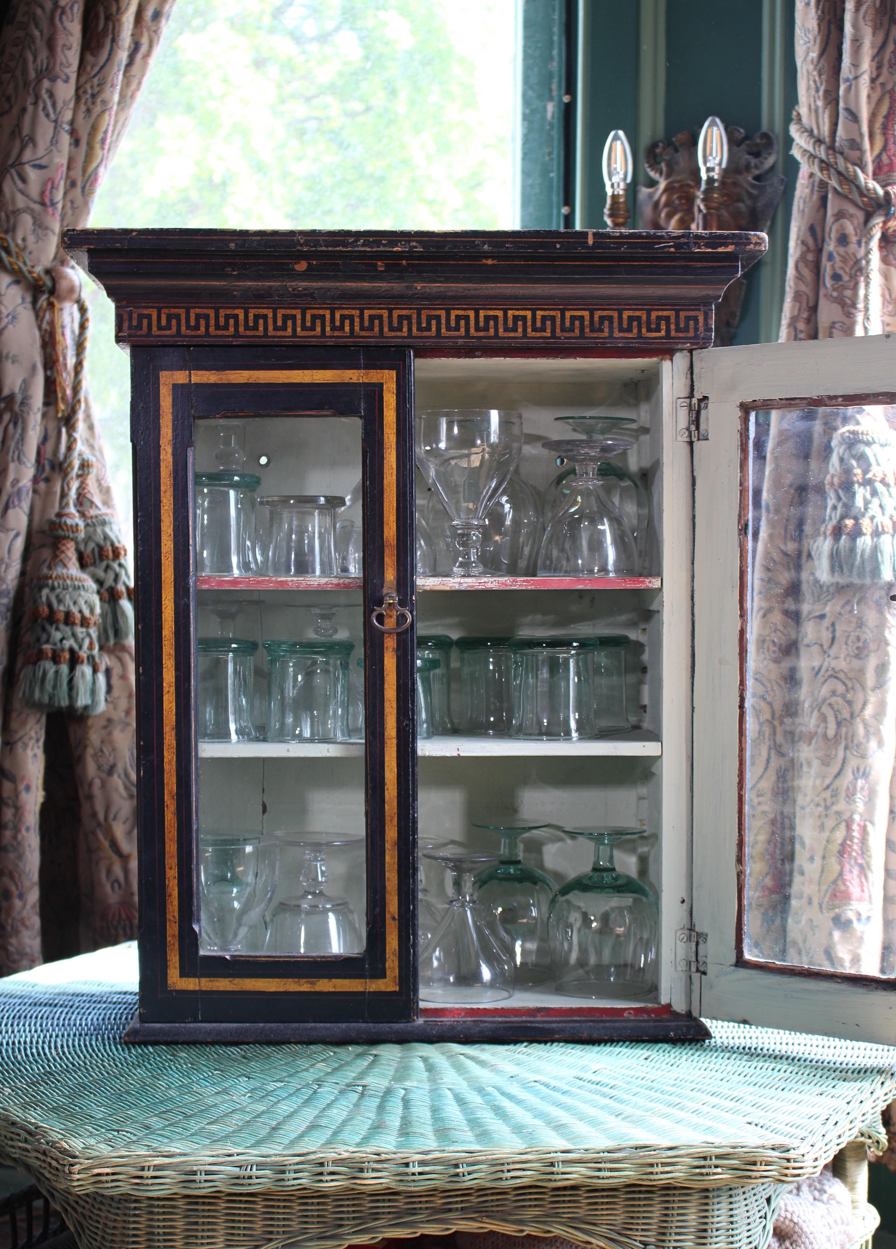 Pine 19th Century Parcel Gilt & Ebonised Display Specimen Curio Cabinet Greek Key