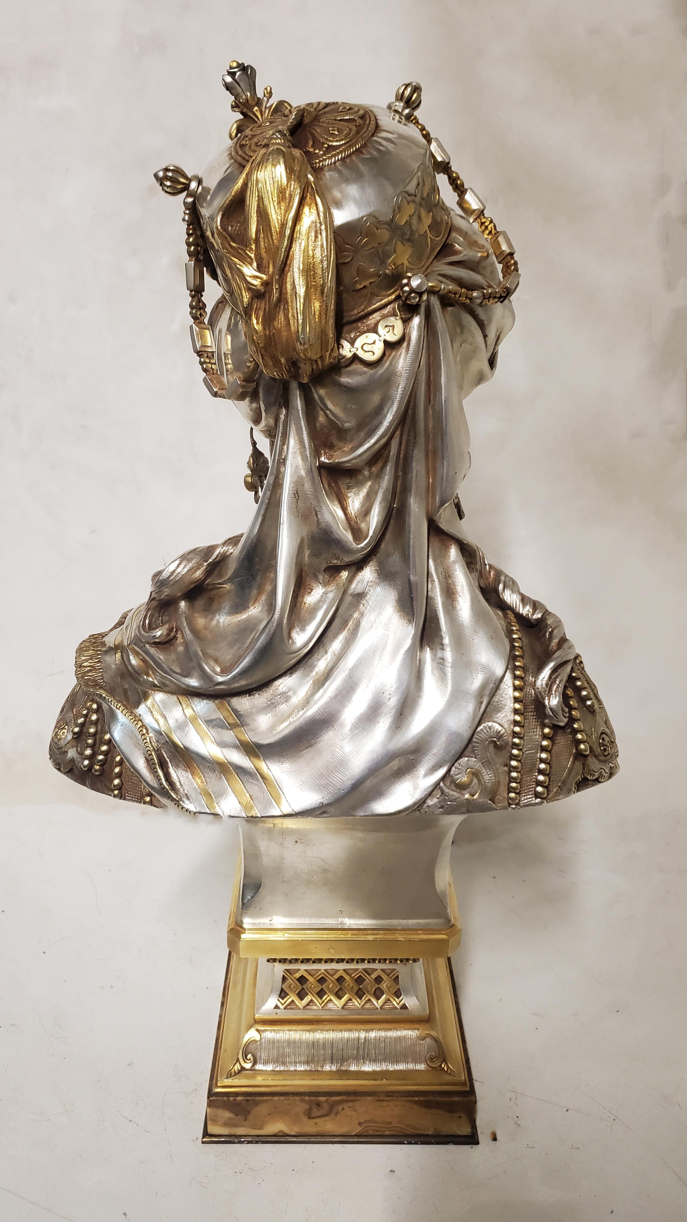 19th Century parcel silver +gilt bronze bust of a young Orientalist Woman w fez For Sale 6