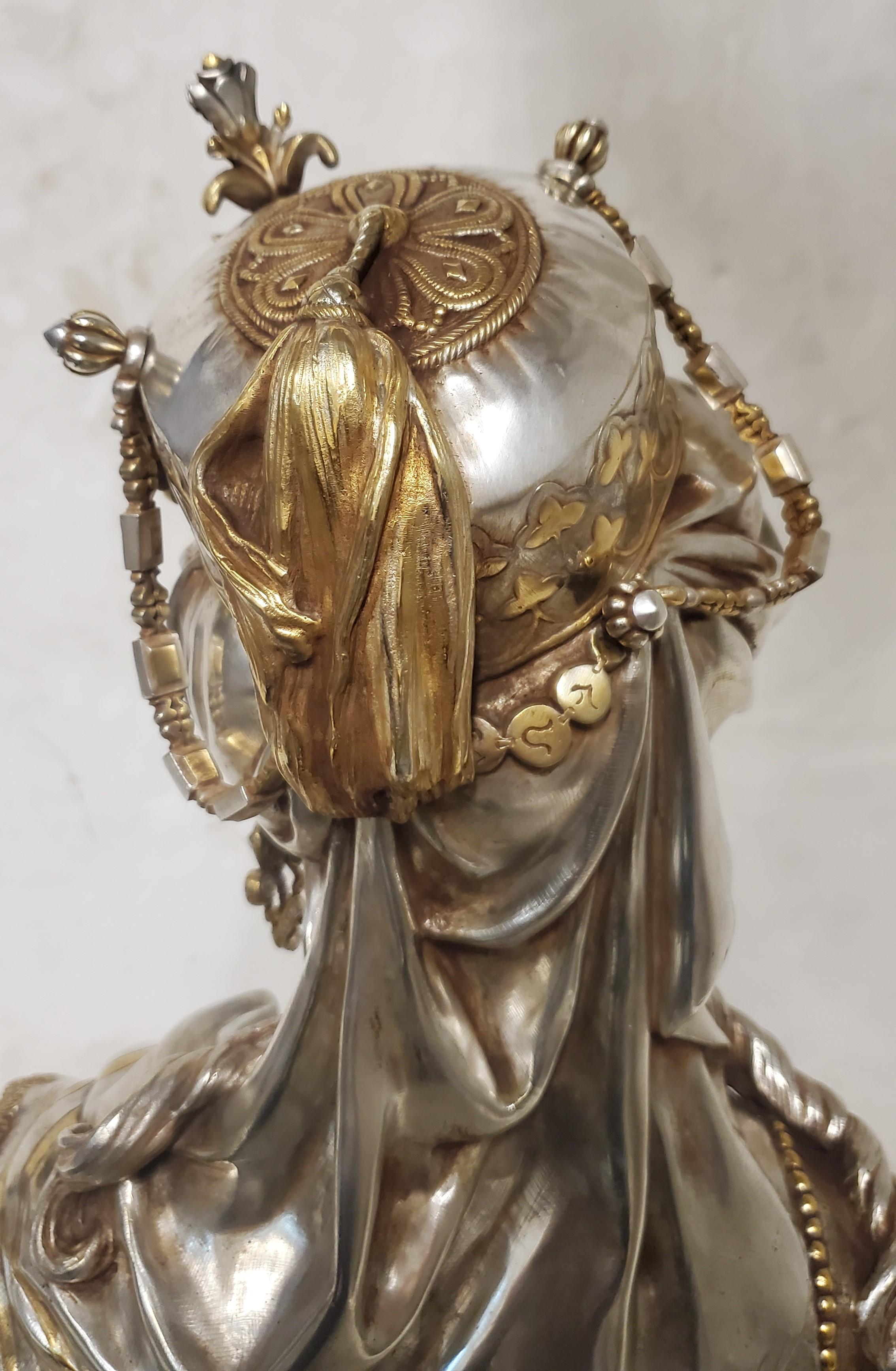 19th Century parcel silver +gilt bronze bust of a young Orientalist Woman w fez For Sale 7