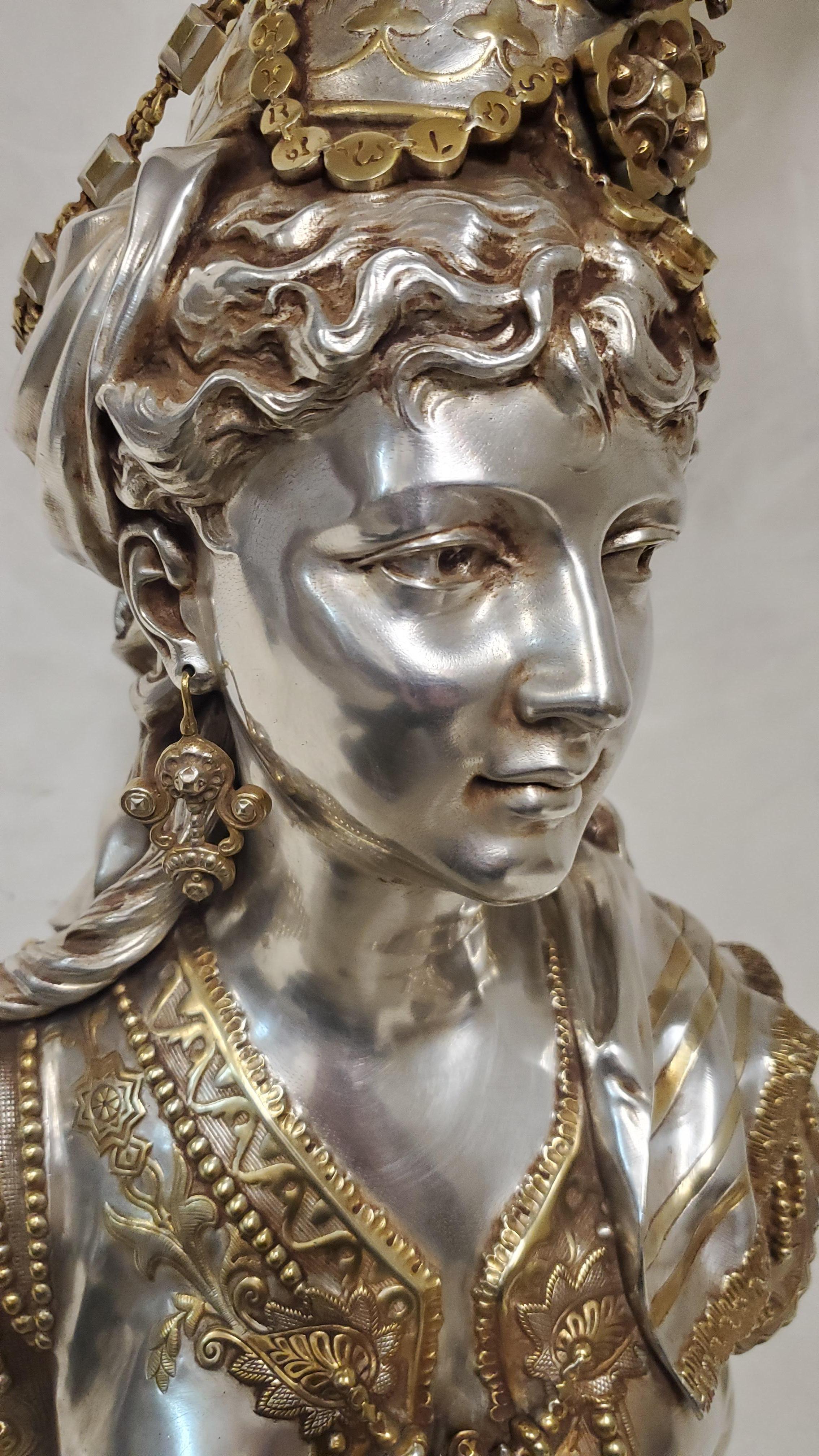 19th Century parcel silver +gilt bronze bust of a young Orientalist Woman w fez For Sale 9