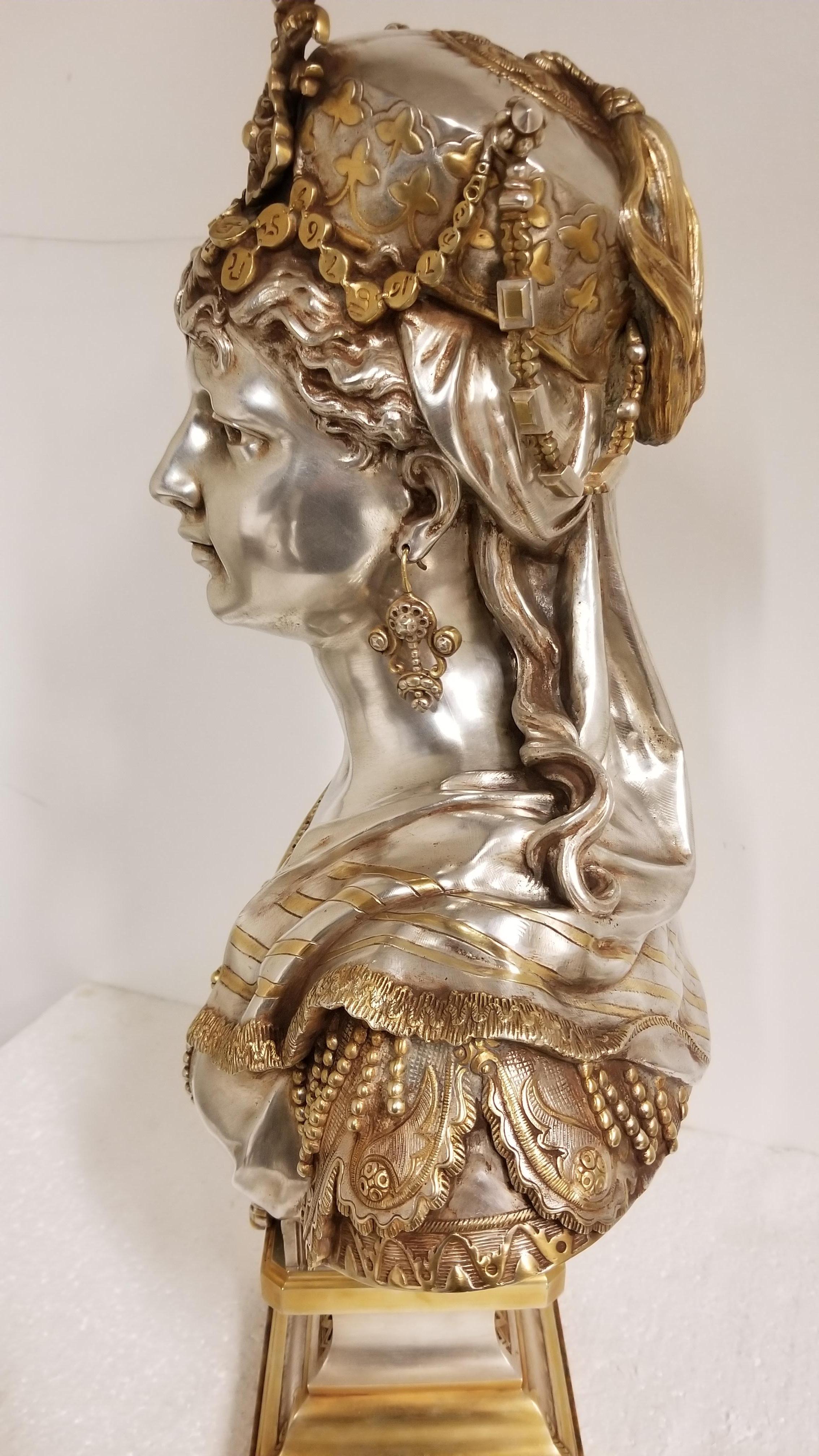 Belle Époque 19th Century parcel silver +gilt bronze bust of a young Orientalist Woman w fez For Sale