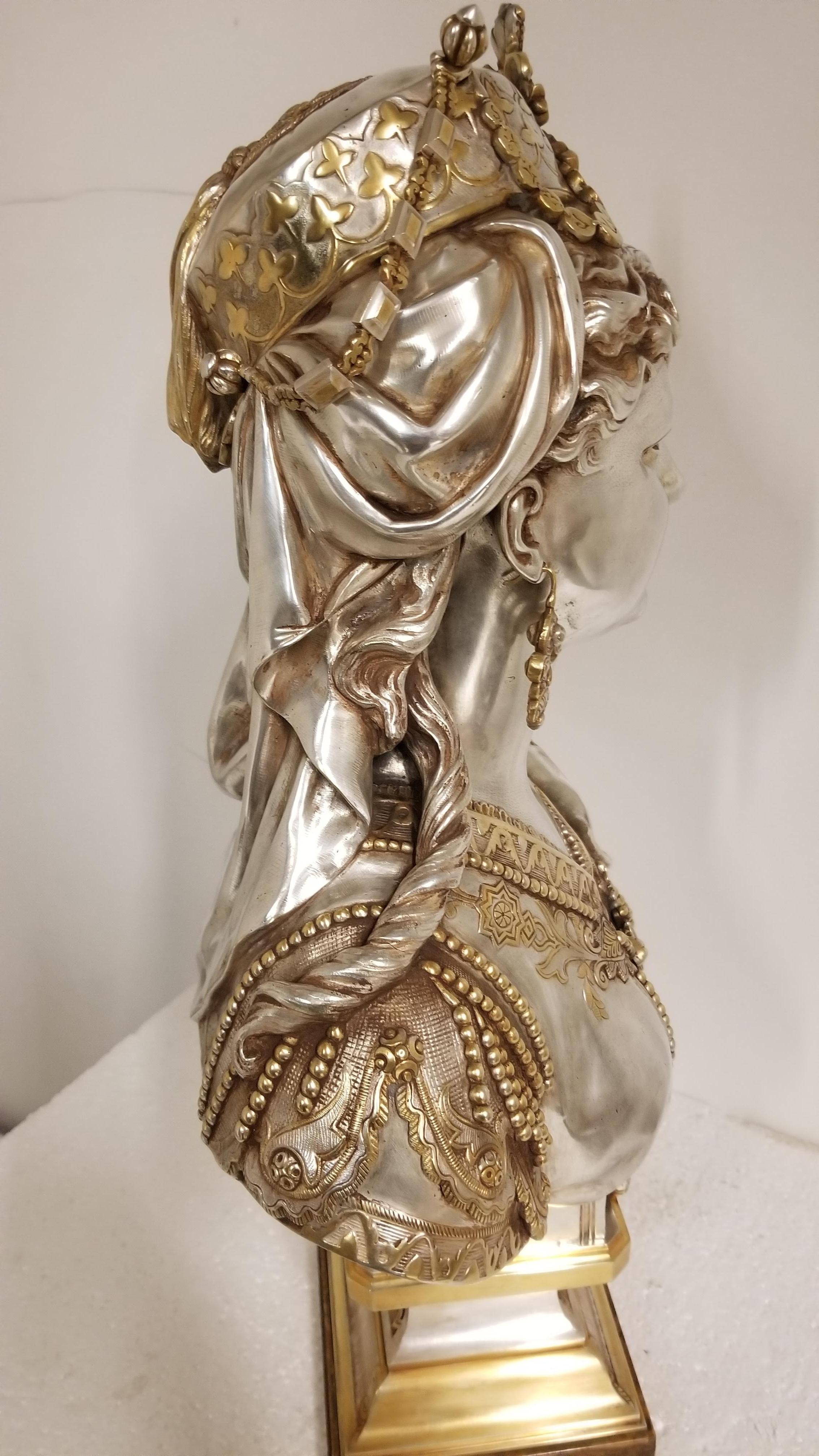Gold Plate 19th Century parcel silver +gilt bronze bust of a young Orientalist Woman w fez For Sale