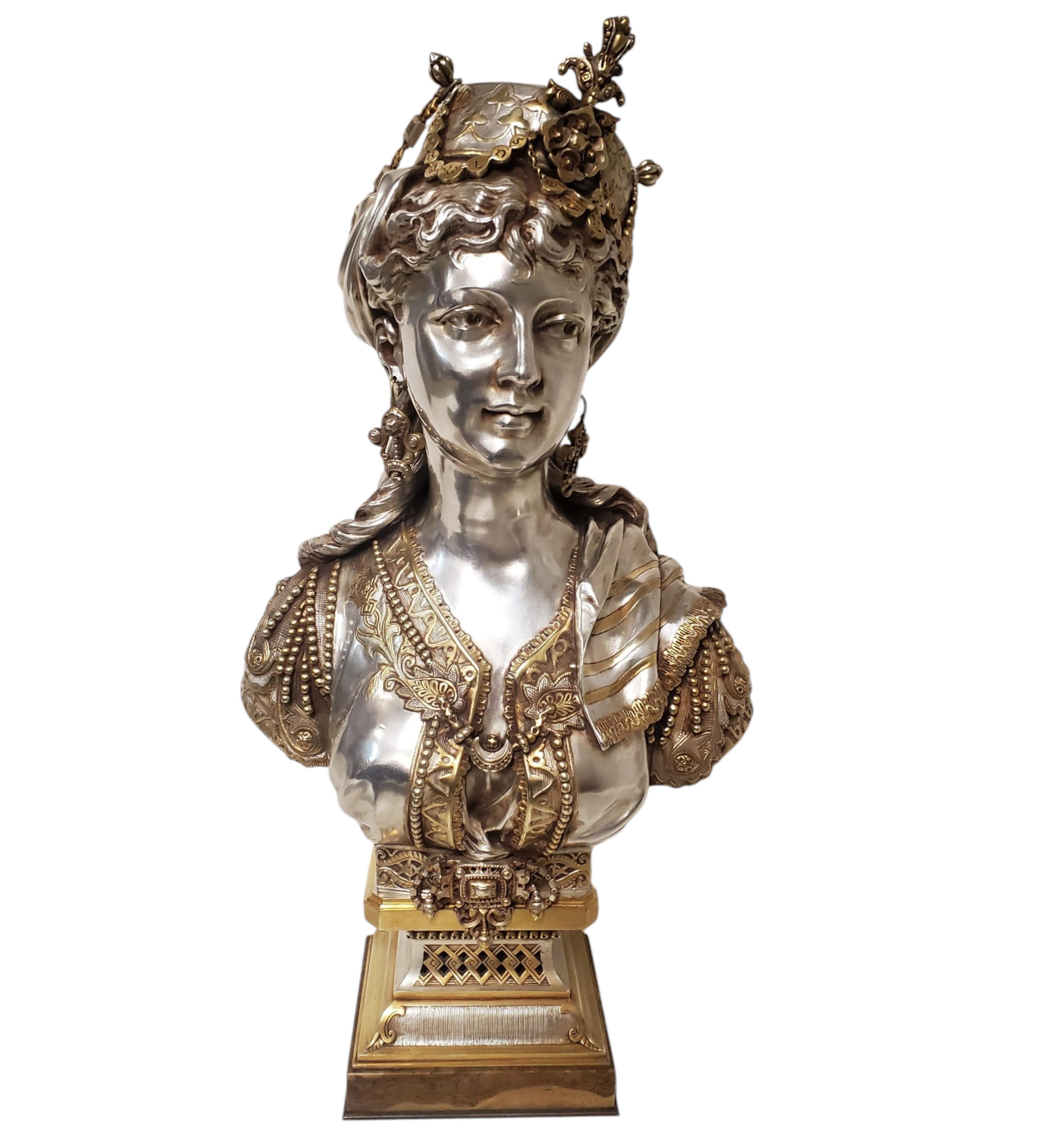 19th Century parcel silver +gilt bronze bust of a young Orientalist Woman w fez For Sale 1