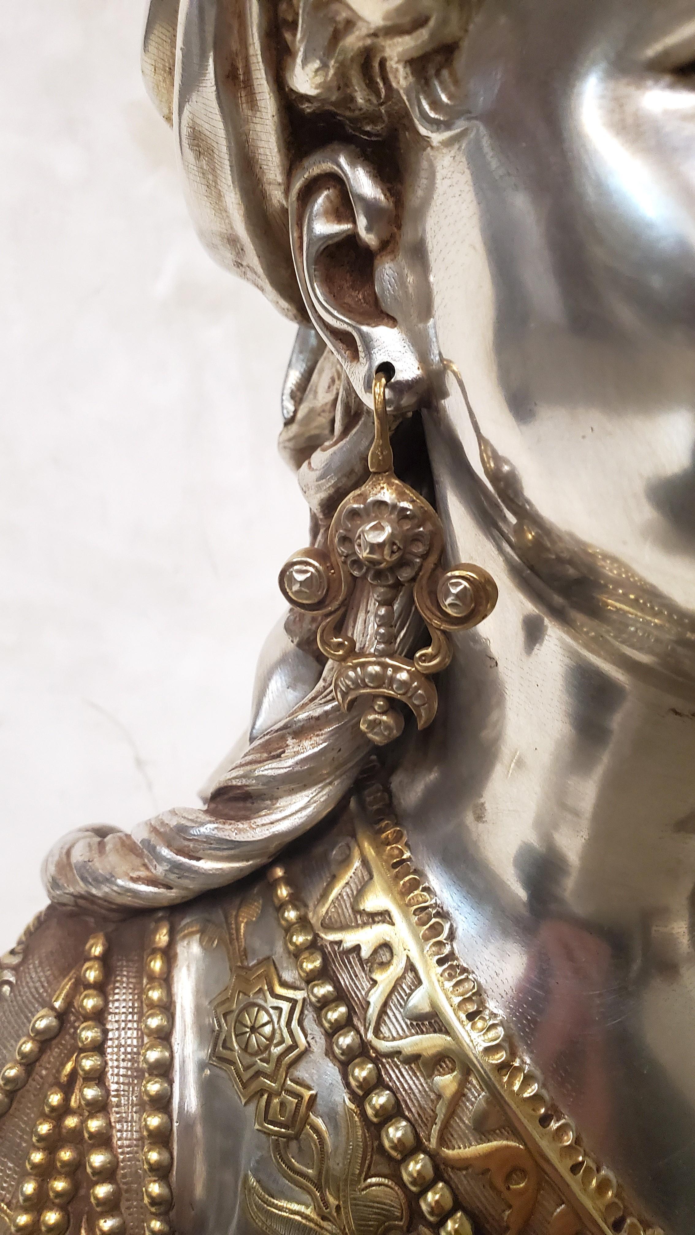 19th Century parcel silver +gilt bronze bust of a young Orientalist Woman w fez For Sale 3