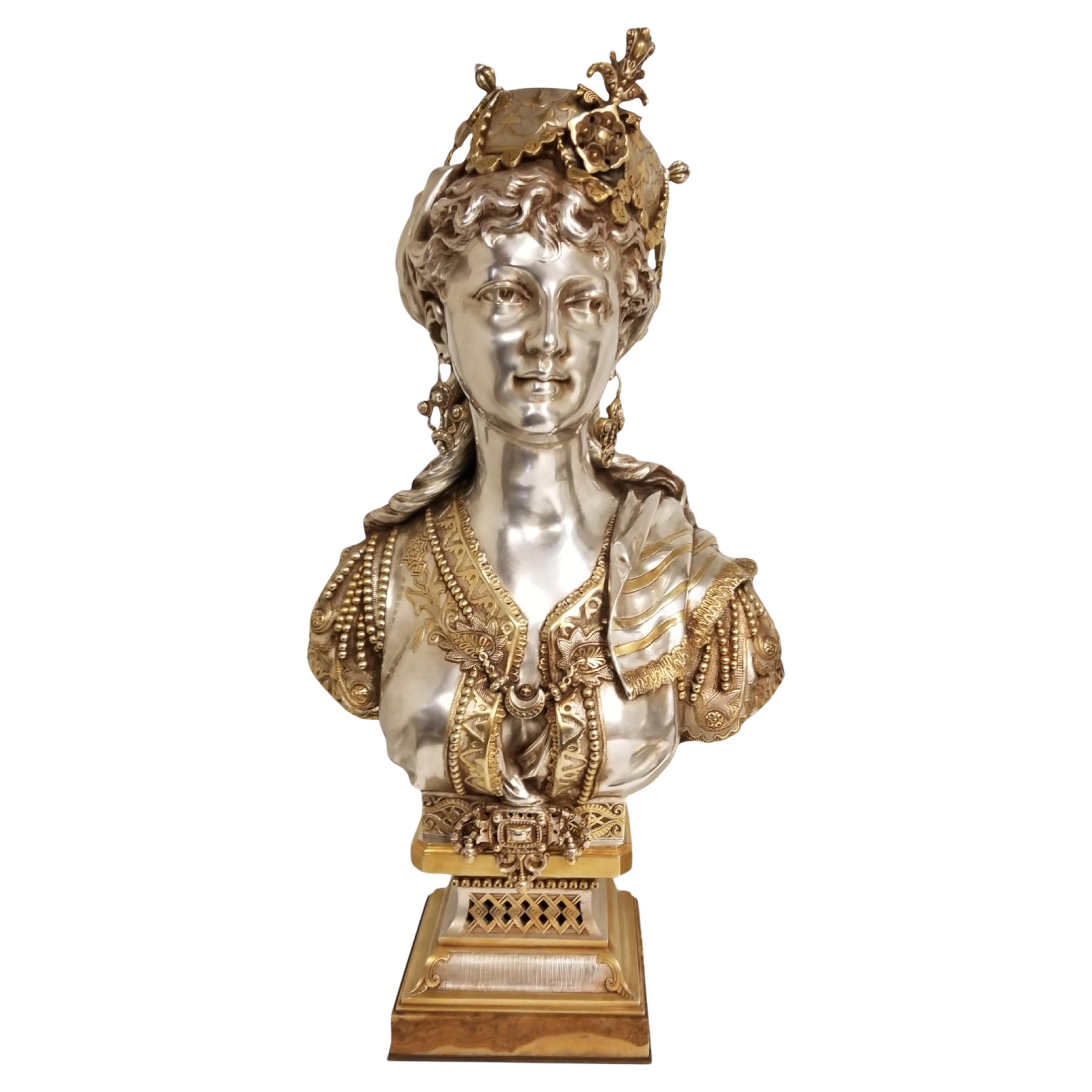 Busto de bronce dorado y plata del siglo XIX de una joven orientalista con fez