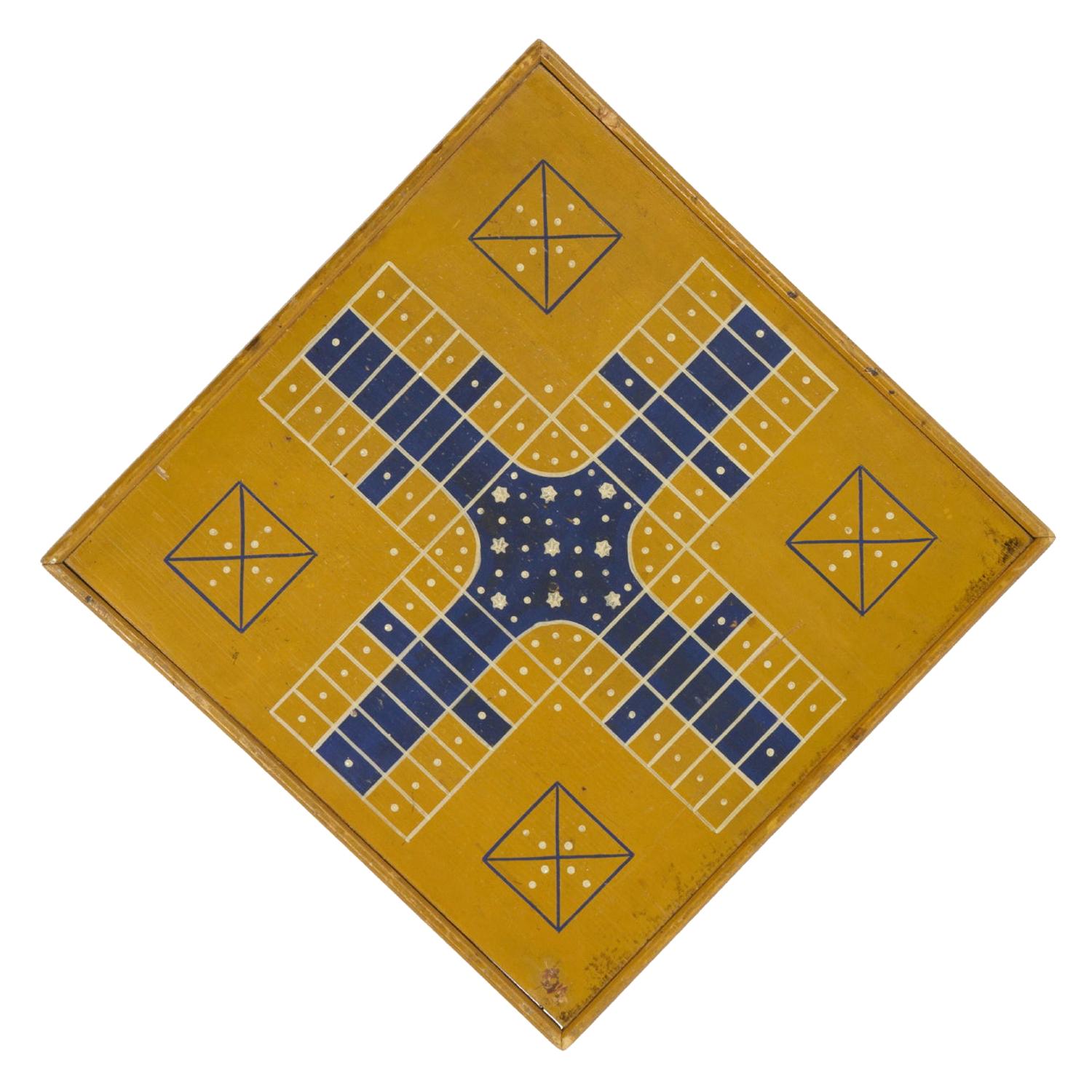 Yellow and Blue "Snowflake" Parcheesi Gameboard, Circa 1875