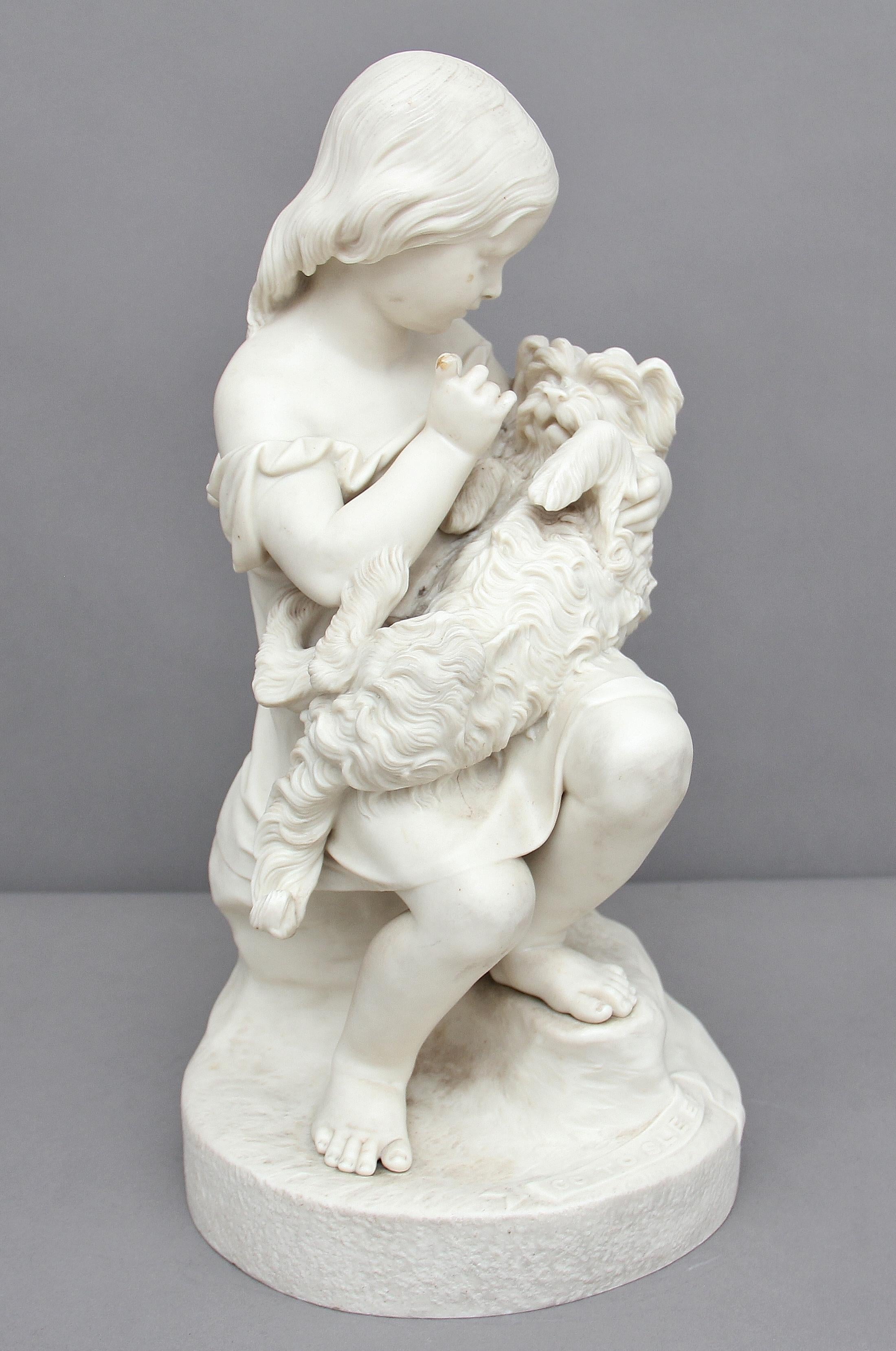 19th century Copeland parian figure group “Go to sleep” after J Durham, published by the Art Union of London, of a girl holding a dog. Some slight damage on the base and the girls finger, circa 1860.

   