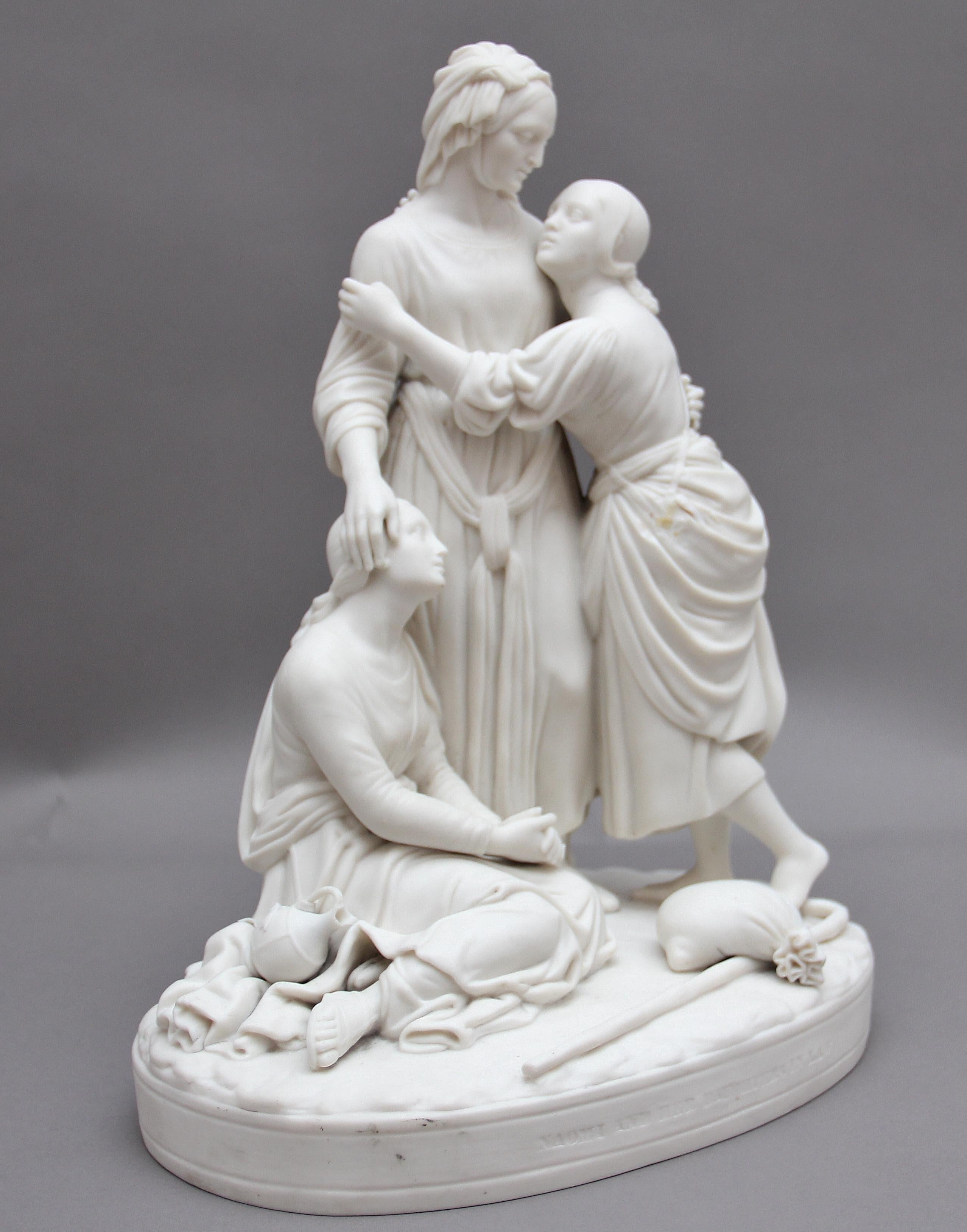 A lovely quality 19th century parian figure group which is marked “Naomi and her daughters in law” Lovely detail and showing a walking stick, sack and a water jug. There is a thumb of one of the girls missing and slight damage on another thumb.