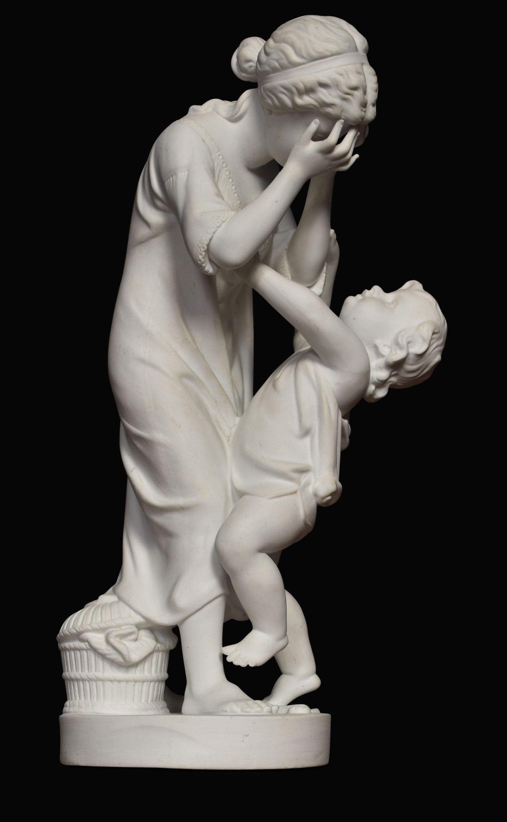19th-century Parianware figure depicting mother and child raised up on circular base.
Dimensions
Height 15 inches
Width 6 inches
Depth 6 inches.